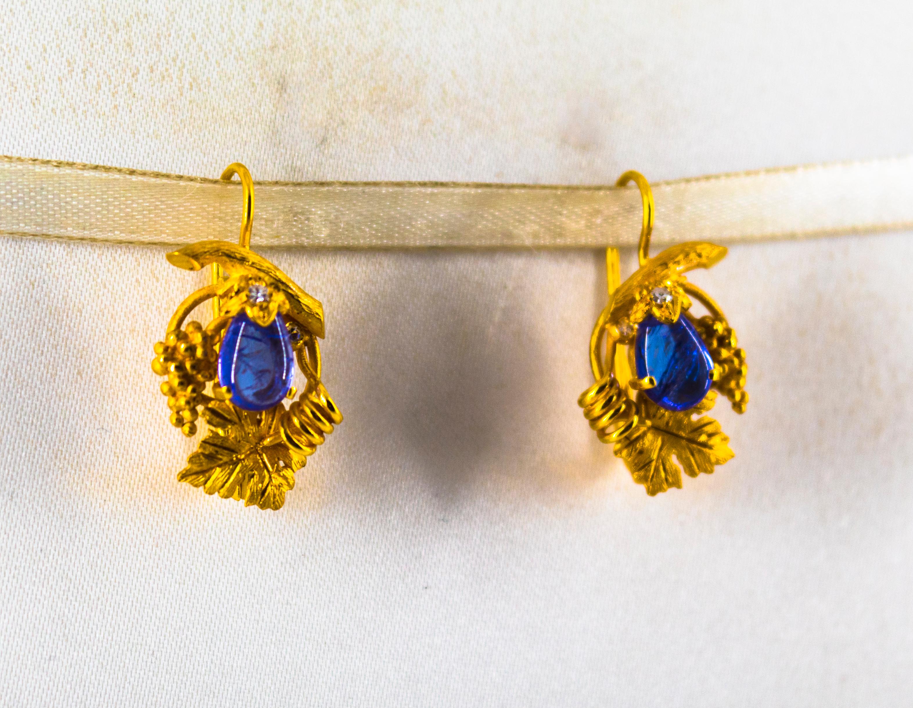 Art Nouveau 5.12 Carat White Diamond Tanzanite Yellow Gold Lever-Back Earrings In New Condition For Sale In Naples, IT