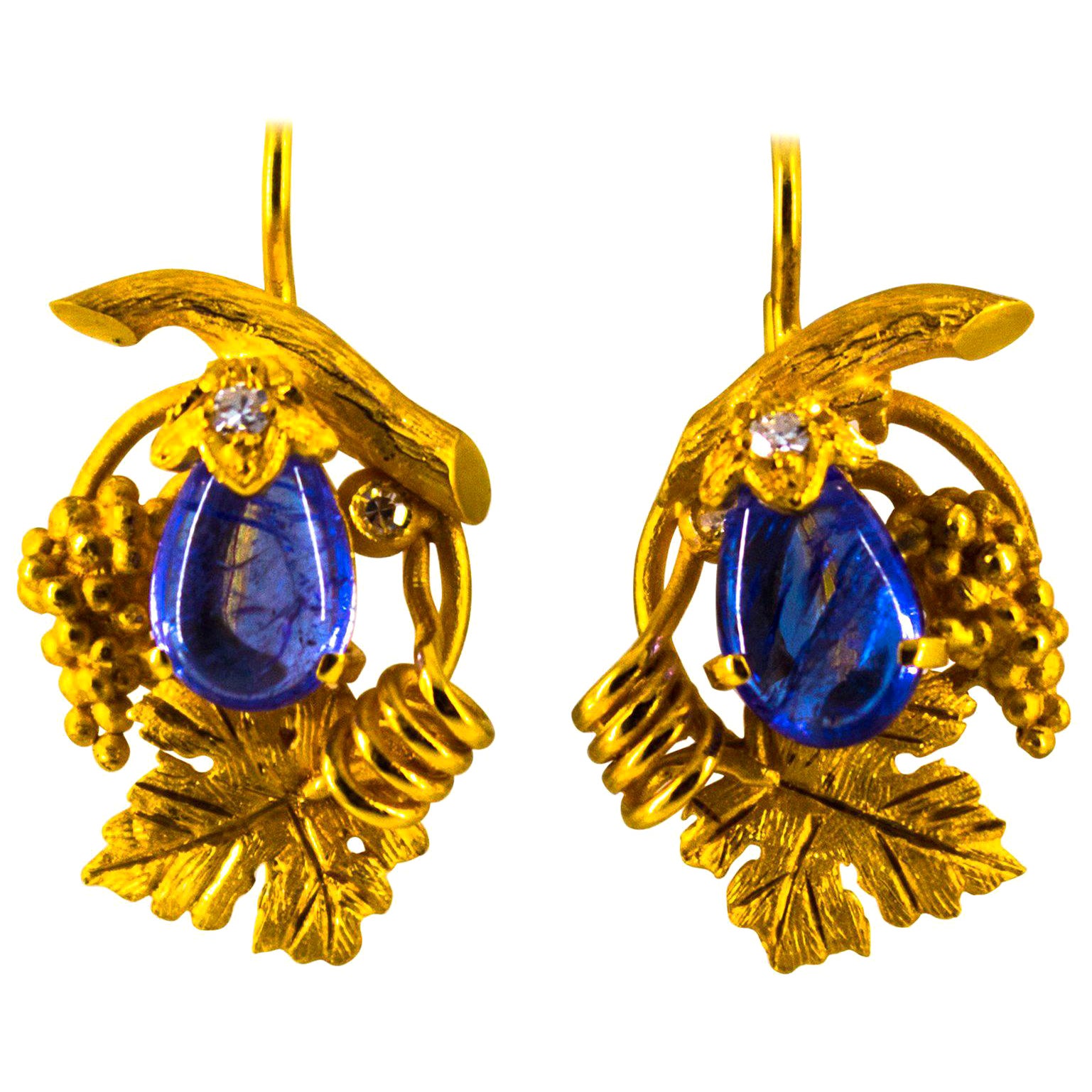 Jugendstil 5,12 Karat Weißer Diamant Tansanit Gelbgold Klappbrisur-Ohrringe