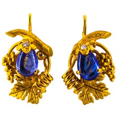 Jugendstil 5,12 Karat Weißer Diamant Tansanit Gelbgold Klappbrisur-Ohrringe