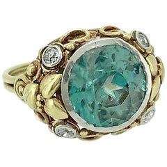 Art Nouveau 5.50 Carat Blue Zircon Diamond Engagement Fashion Ring Yellow Gold