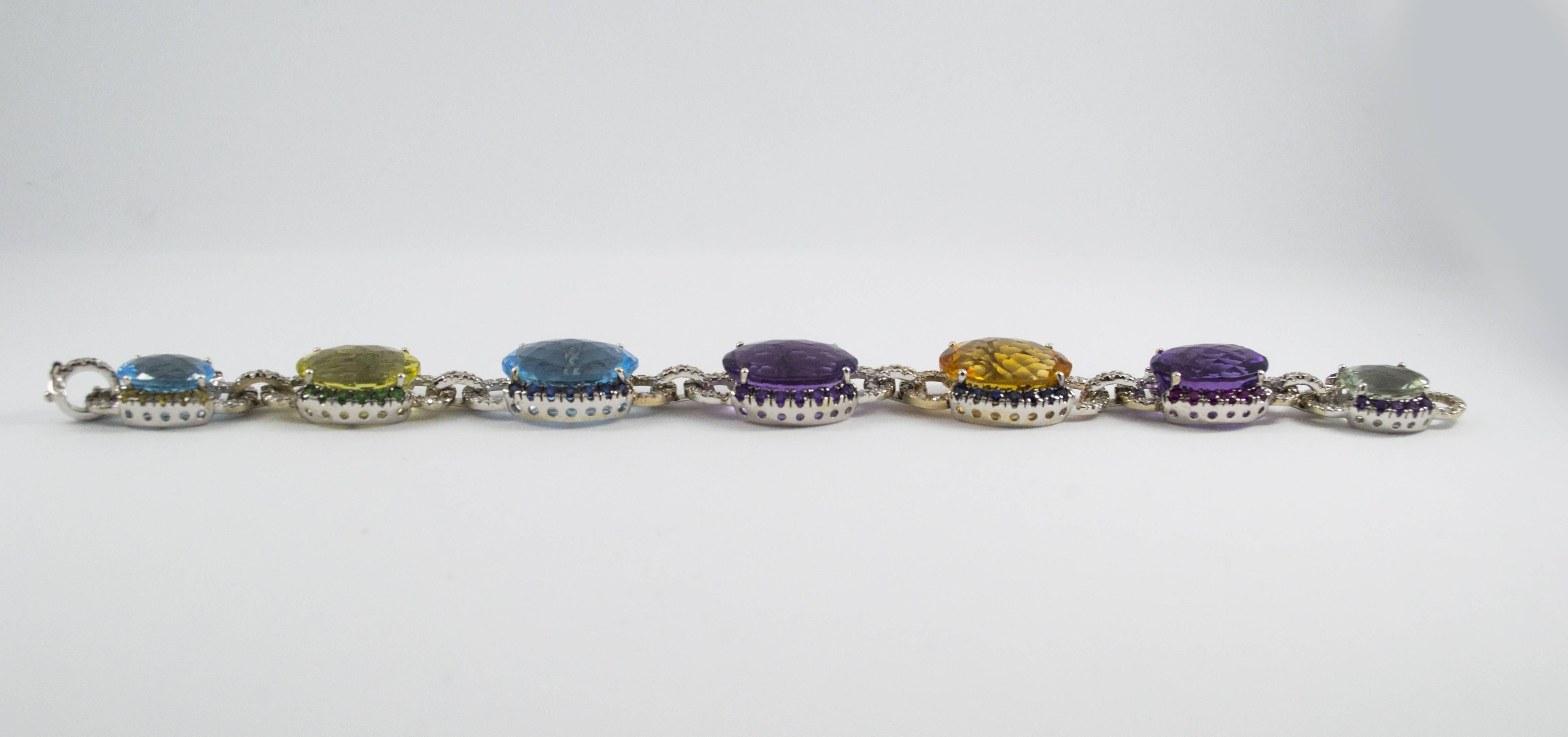 Women's or Men's Art Nouveau 5.80 Carat White Diamond Ruby Sapphire Emerald White Gold Bracelet For Sale