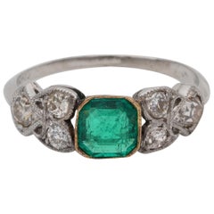 Art Nouveau .60 Carat Colombian Emerald .50 Carat Old Mine Diamond Ring