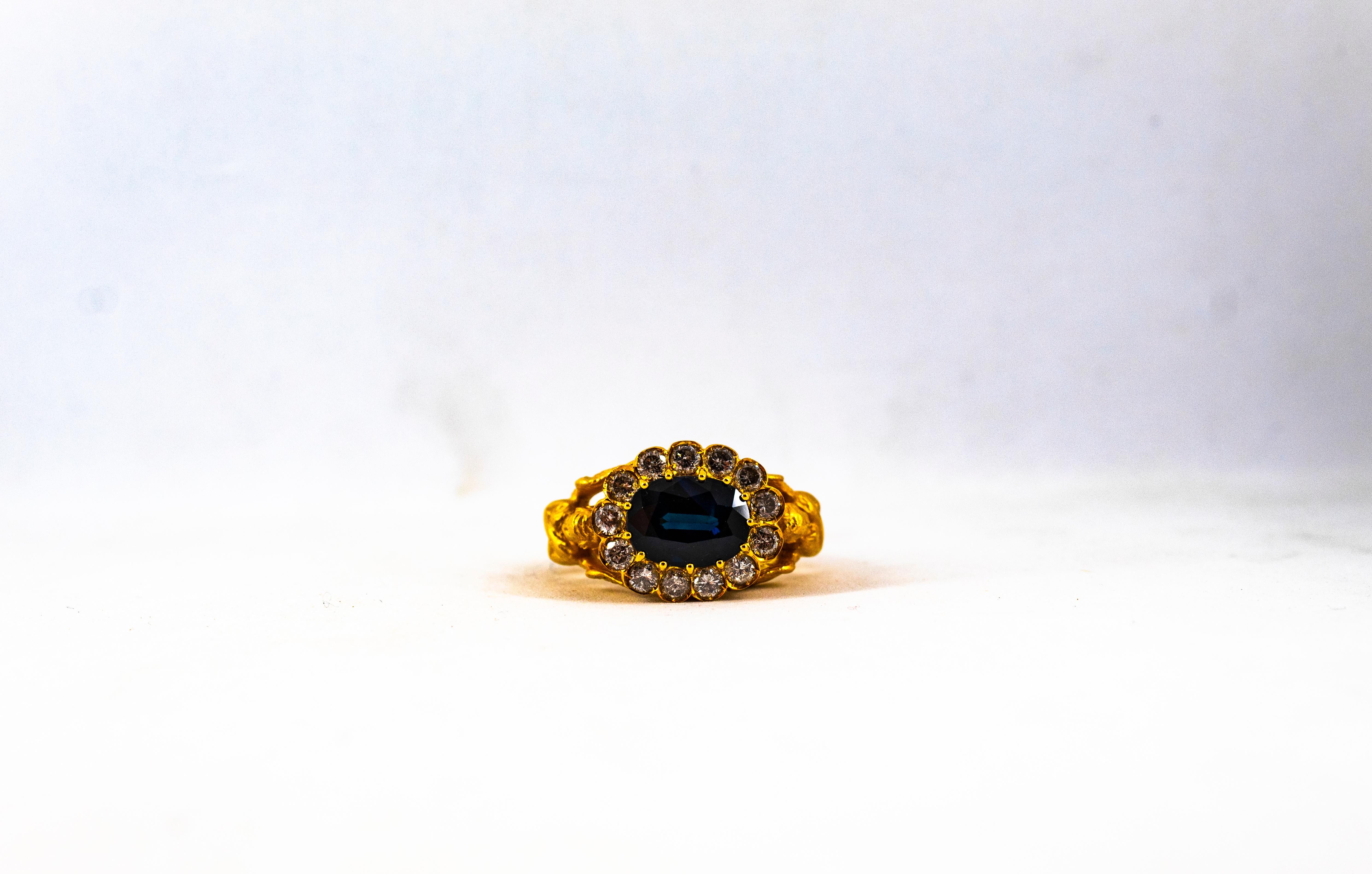 Art Nouveau 6.13 Carat White Diamond Blue Sapphire Yellow Gold Cocktail Ring 5