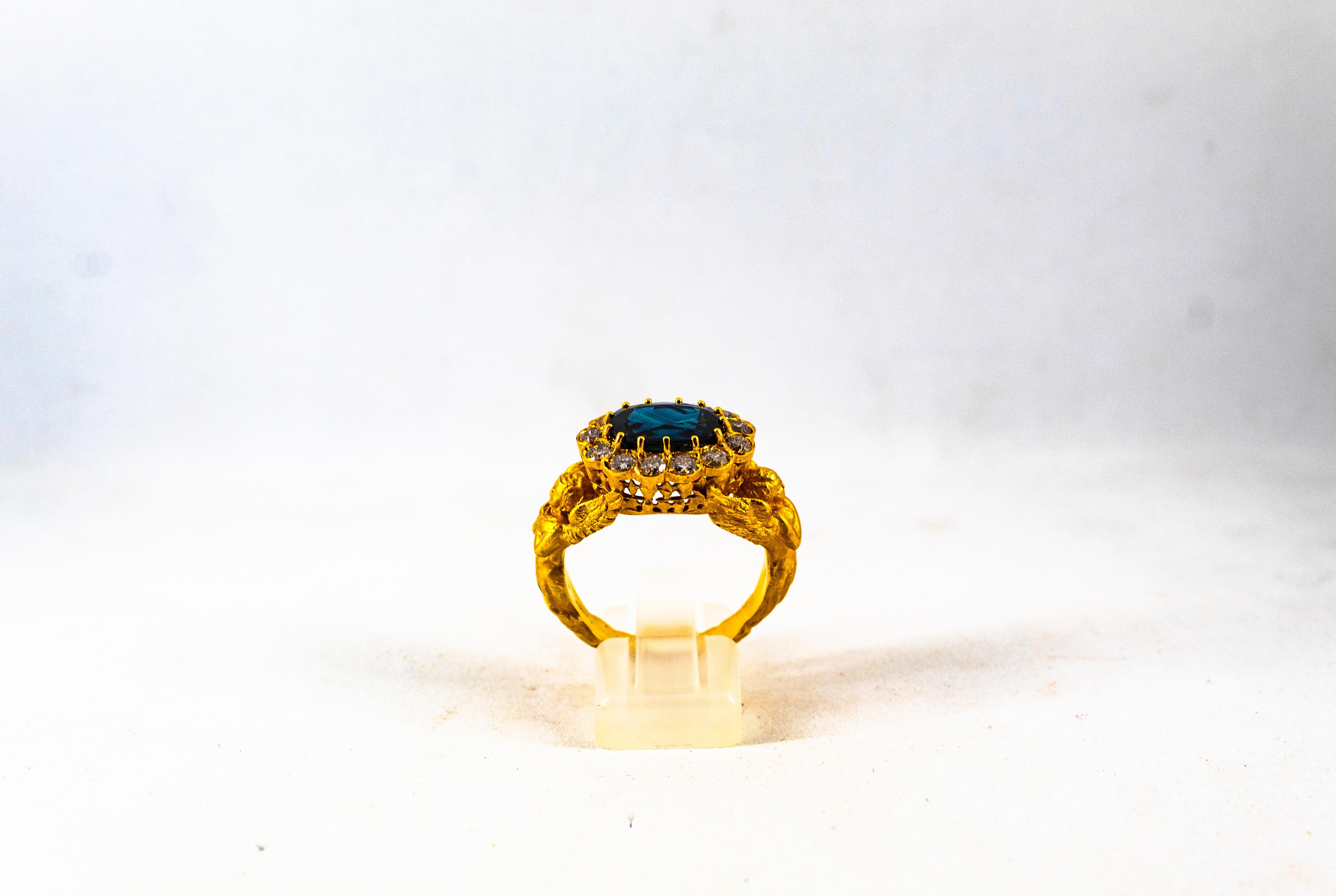 Brilliant Cut Art Nouveau 6.13 Carat White Diamond Blue Sapphire Yellow Gold Cocktail Ring