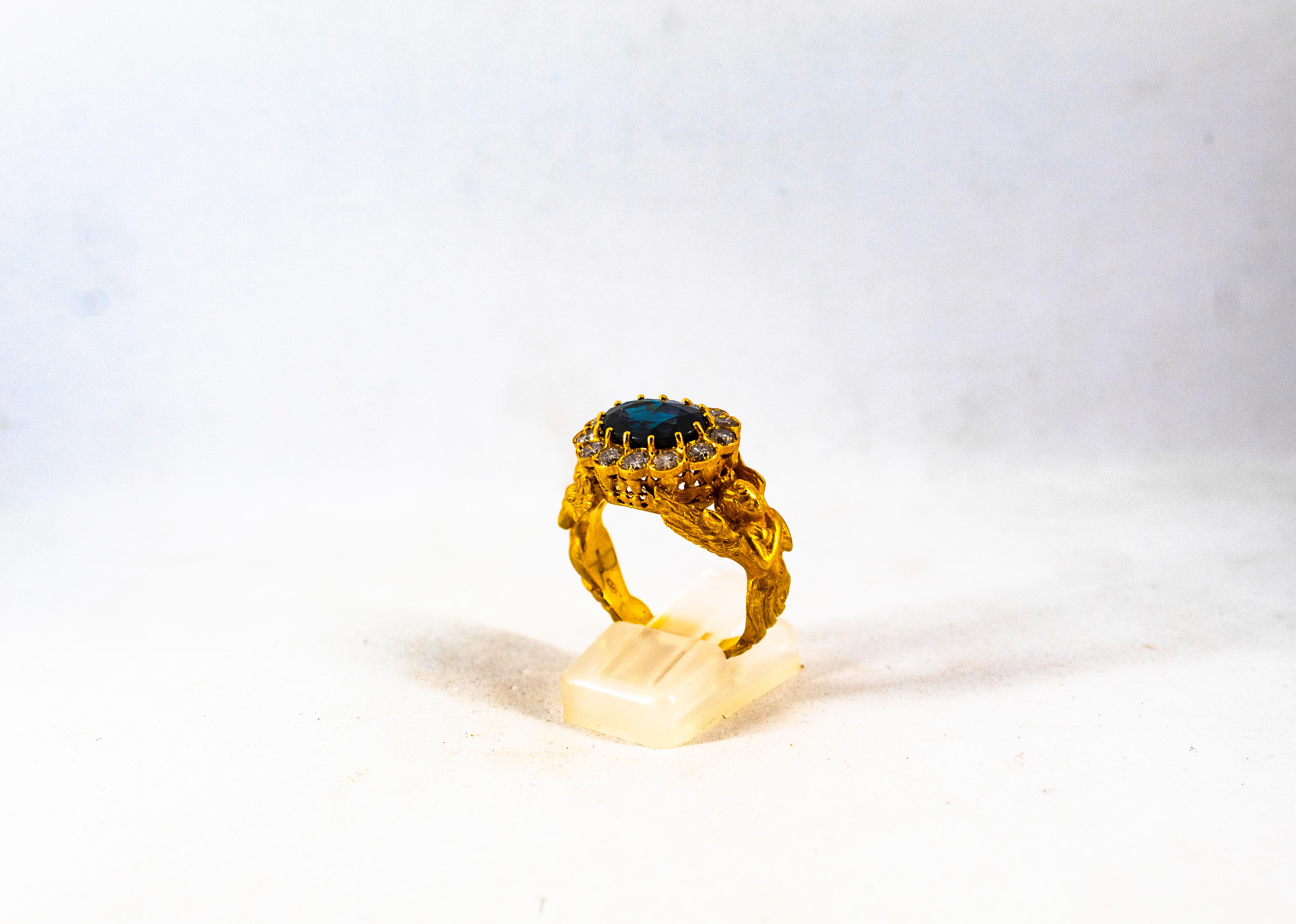 Art Nouveau 6.13 Carat White Diamond Blue Sapphire Yellow Gold Cocktail Ring In New Condition In Naples, IT