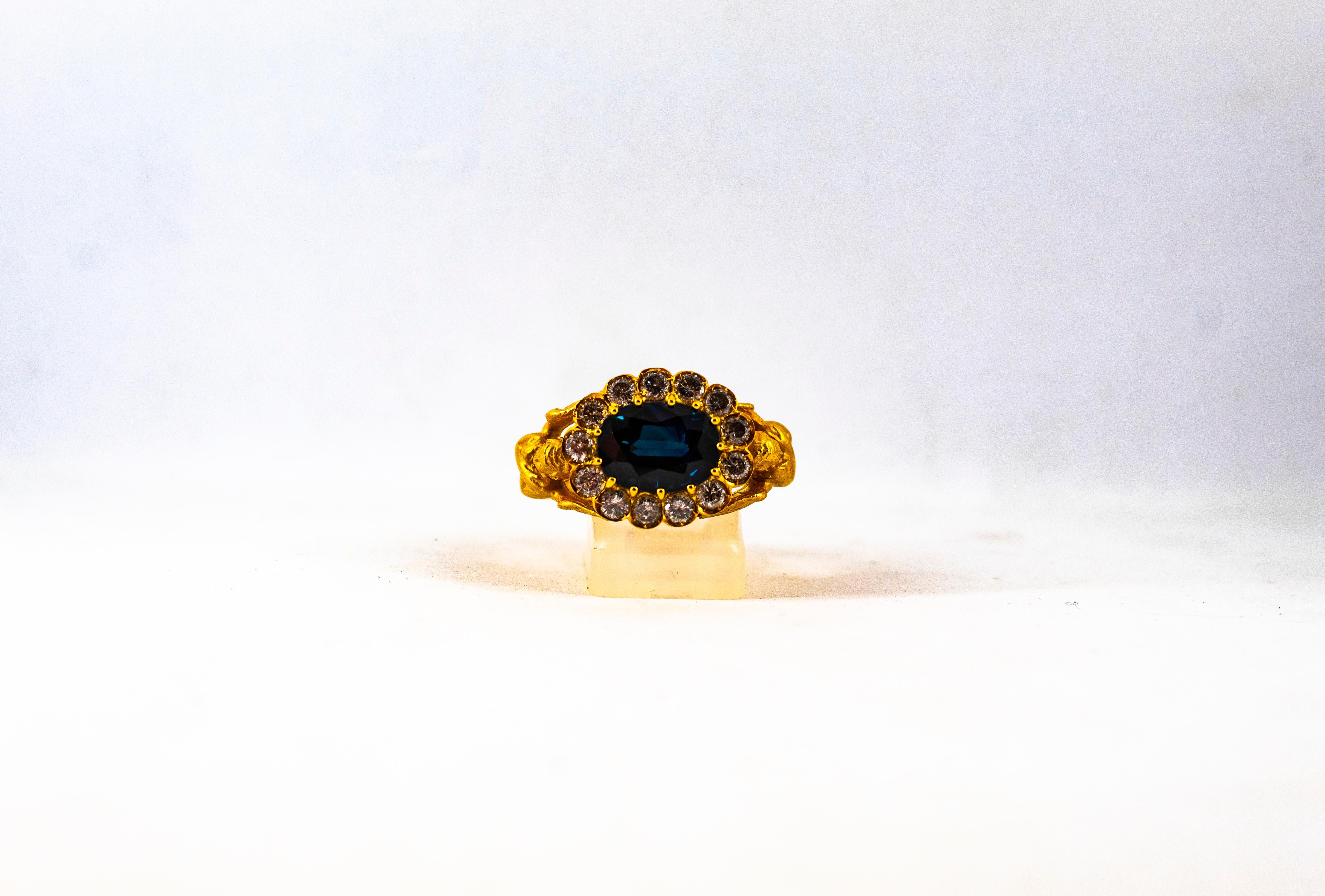 Art Nouveau 6.13 Carat White Diamond Blue Sapphire Yellow Gold Cocktail Ring 3