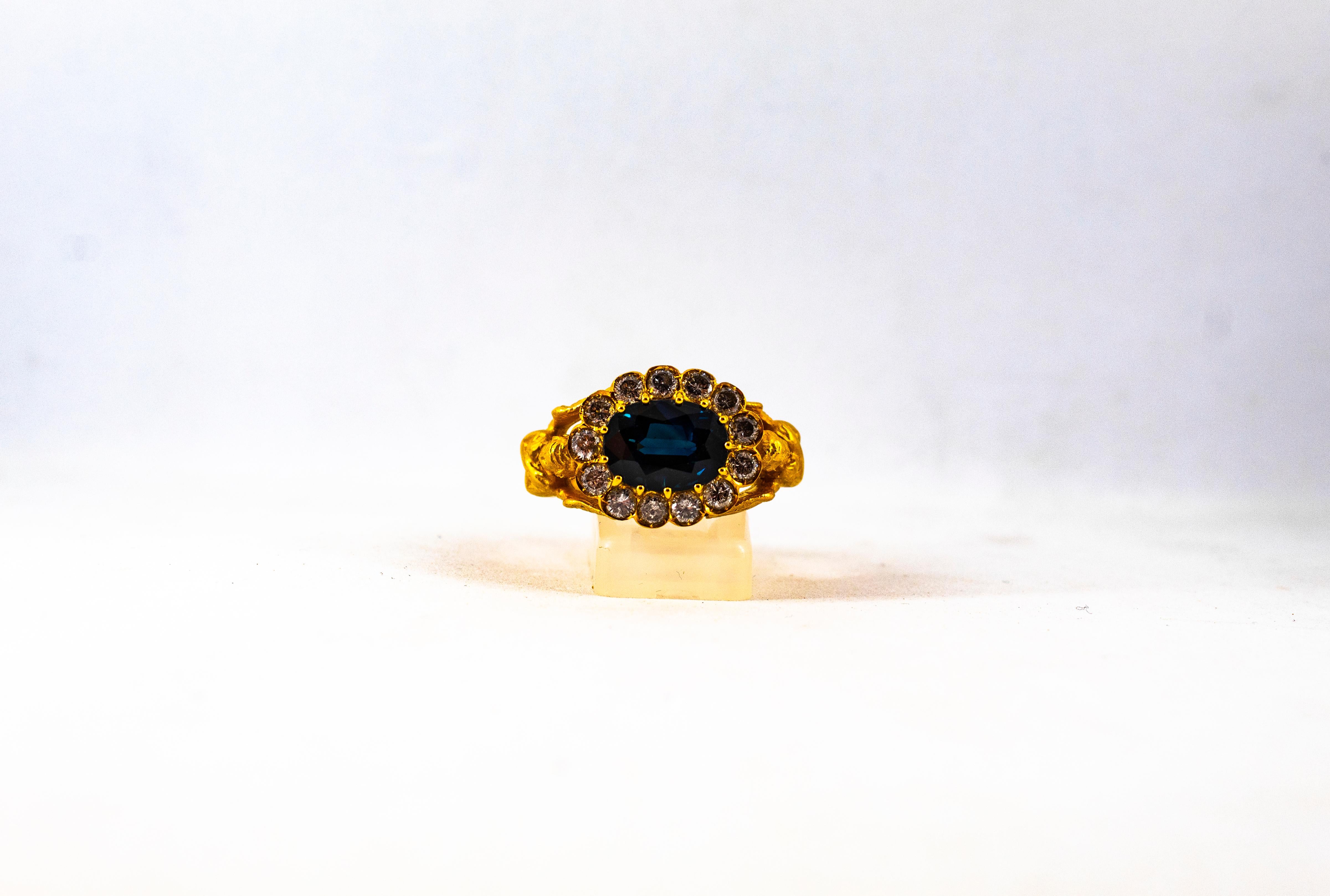 Art Nouveau 6.13 Carat White Diamond Blue Sapphire Yellow Gold Cocktail Ring 4