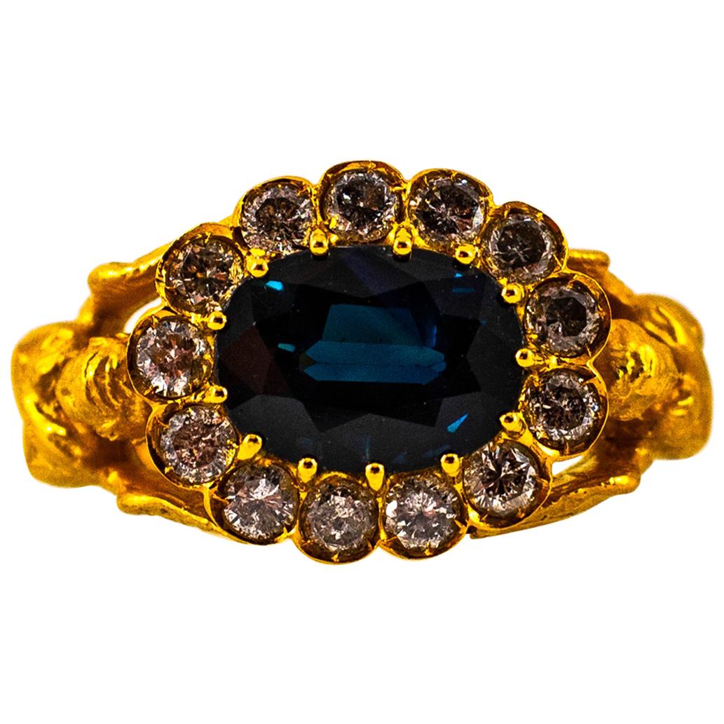 Art Nouveau 6.13 Carat White Diamond Blue Sapphire Yellow Gold Cocktail Ring