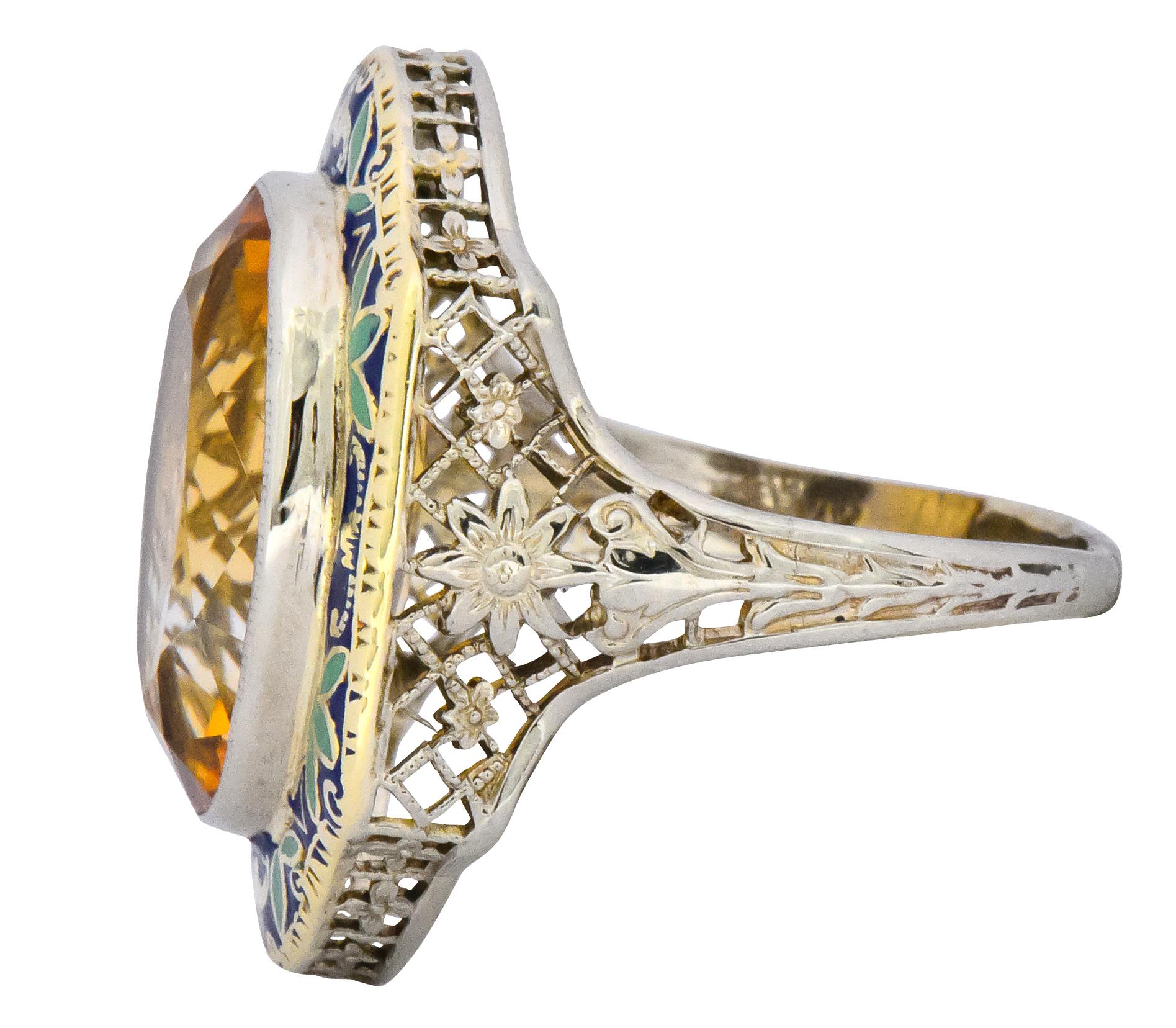 Women's or Men's Art Nouveau 6.15 Carat Citrine Enamel 14 Karat White Gold Cocktail Ring