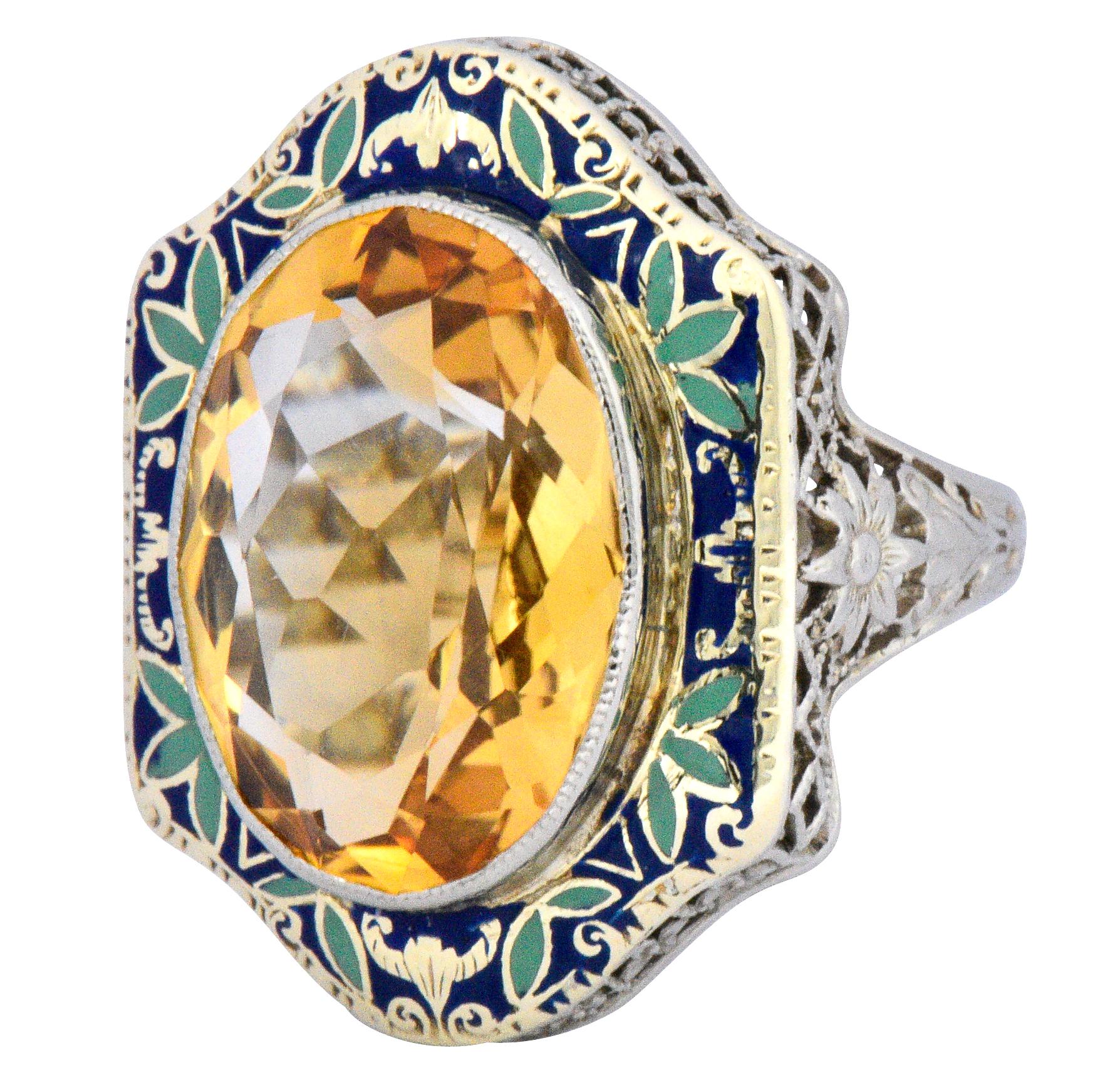 Art Nouveau 6.15 Carat Citrine Enamel 14 Karat White Gold Cocktail Ring 1