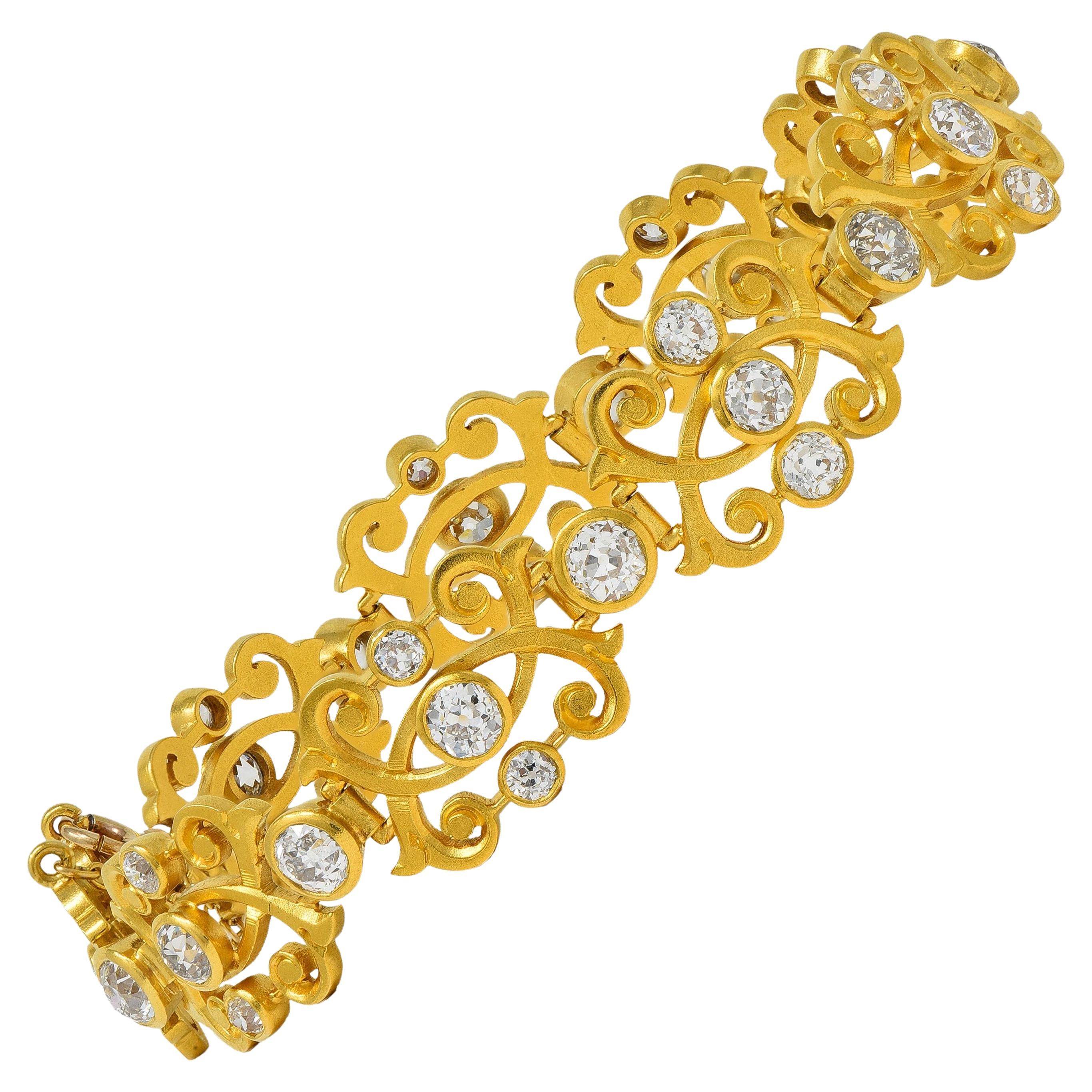 Art Nouveau 6.50 CTW Diamante 18K Oro Amarillo Antiguo Pulsera Scrolling Link en venta
