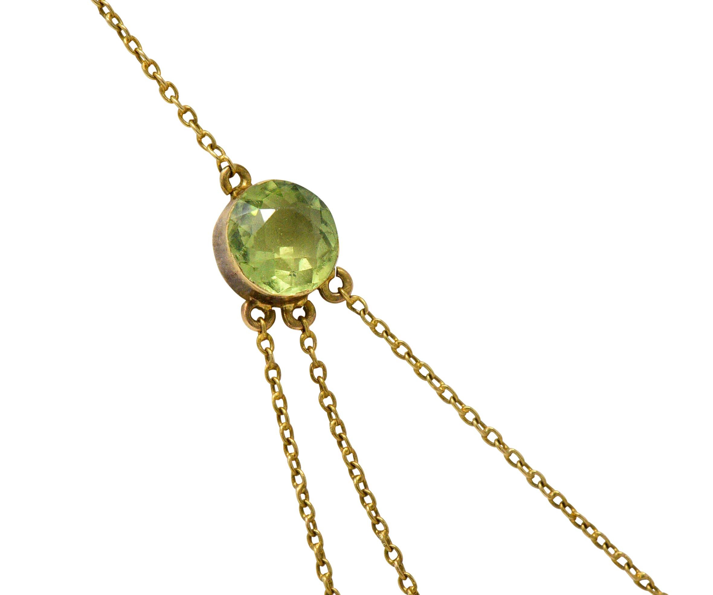 Art Nouveau 6.65 Carat Peridot Tourmaline 14 Karat Gold Swag Drop Necklace In Excellent Condition In Philadelphia, PA
