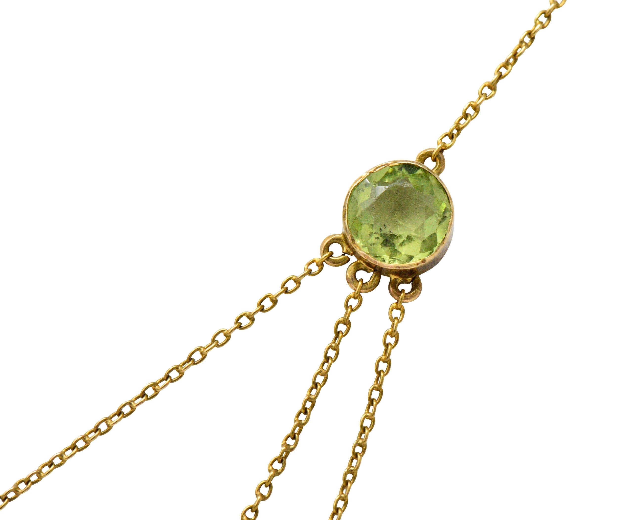 Women's or Men's Art Nouveau 6.65 Carat Peridot Tourmaline 14 Karat Gold Swag Drop Necklace