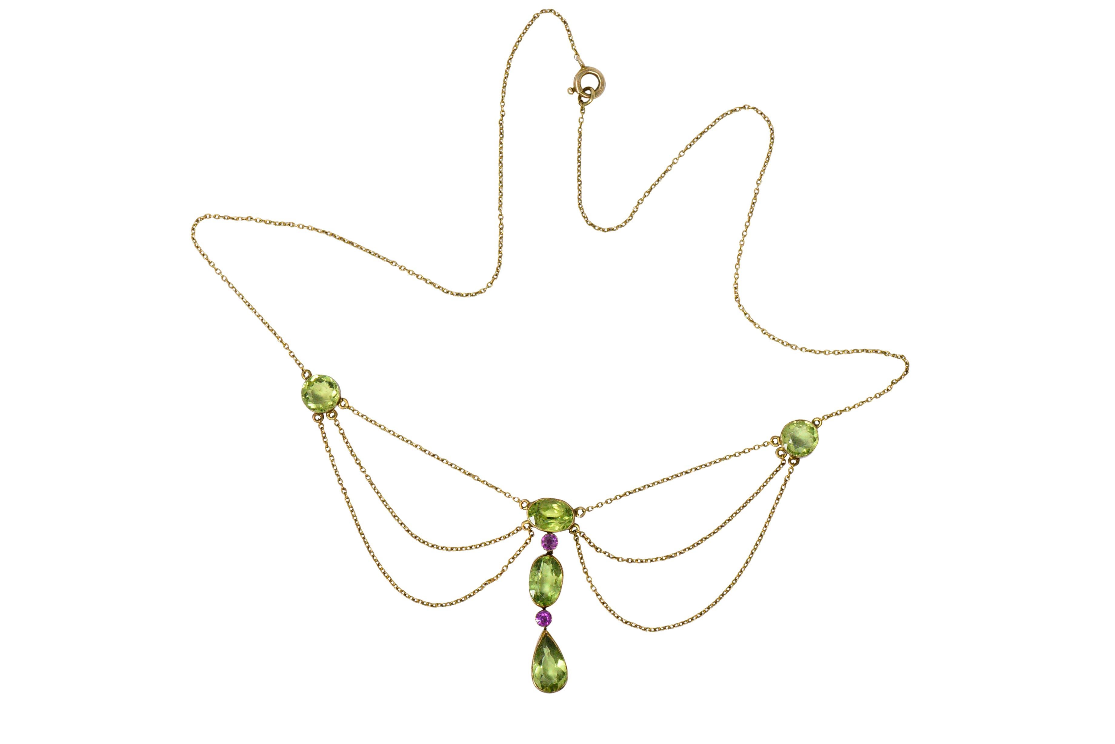 Art Nouveau 6.65 Carat Peridot Tourmaline 14 Karat Gold Swag Drop Necklace 3