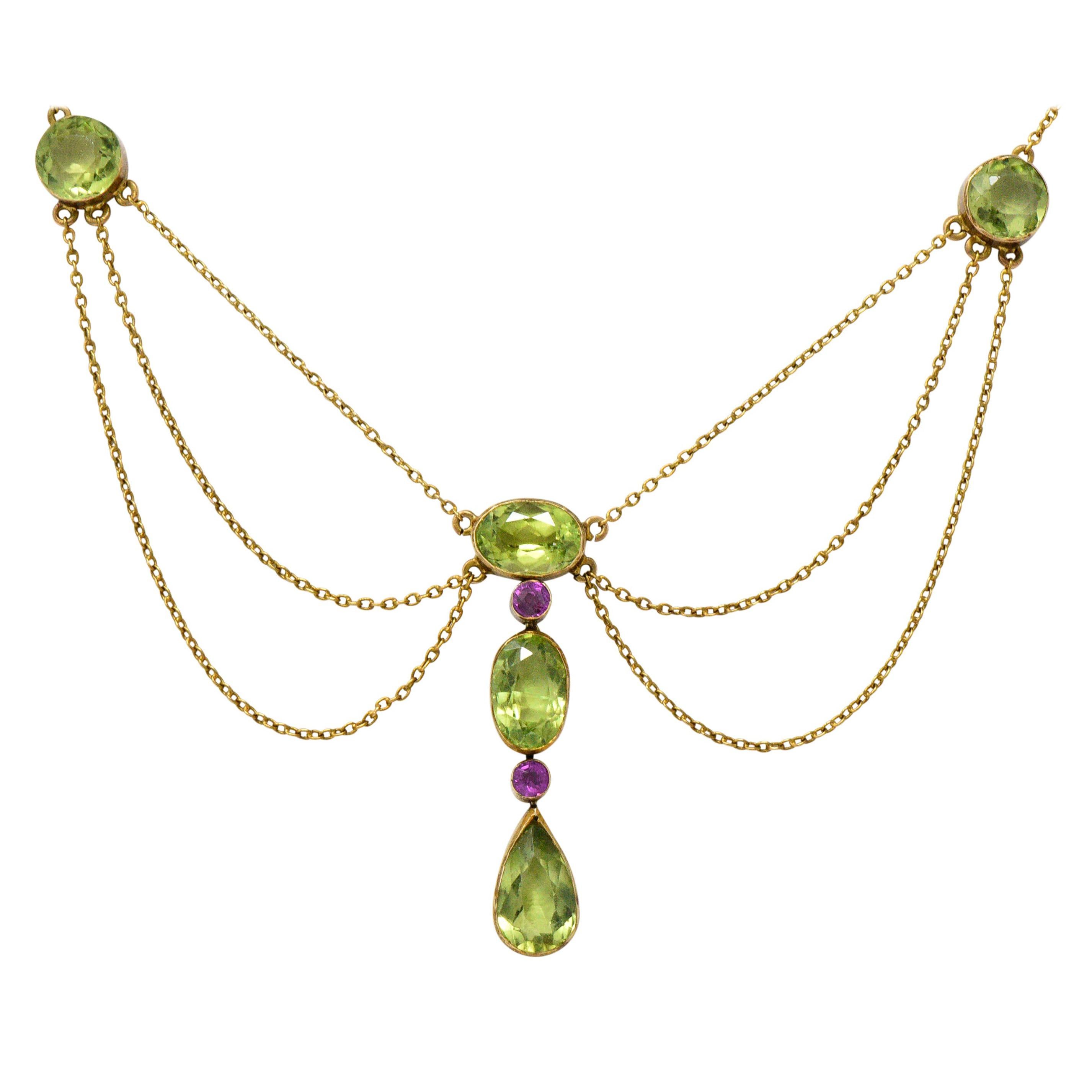 Art Nouveau 6.65 Carat Peridot Tourmaline 14 Karat Gold Swag Drop Necklace
