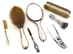 Art Nouveau (7) Piece Sterling Silver Vanity "Necessaire" Ensemble Circa 1894