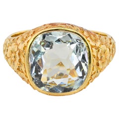 Anello con sigillo unisex in stile Art Nouveau con acquamarina naturale da 7,0 carati in oro 18 KT