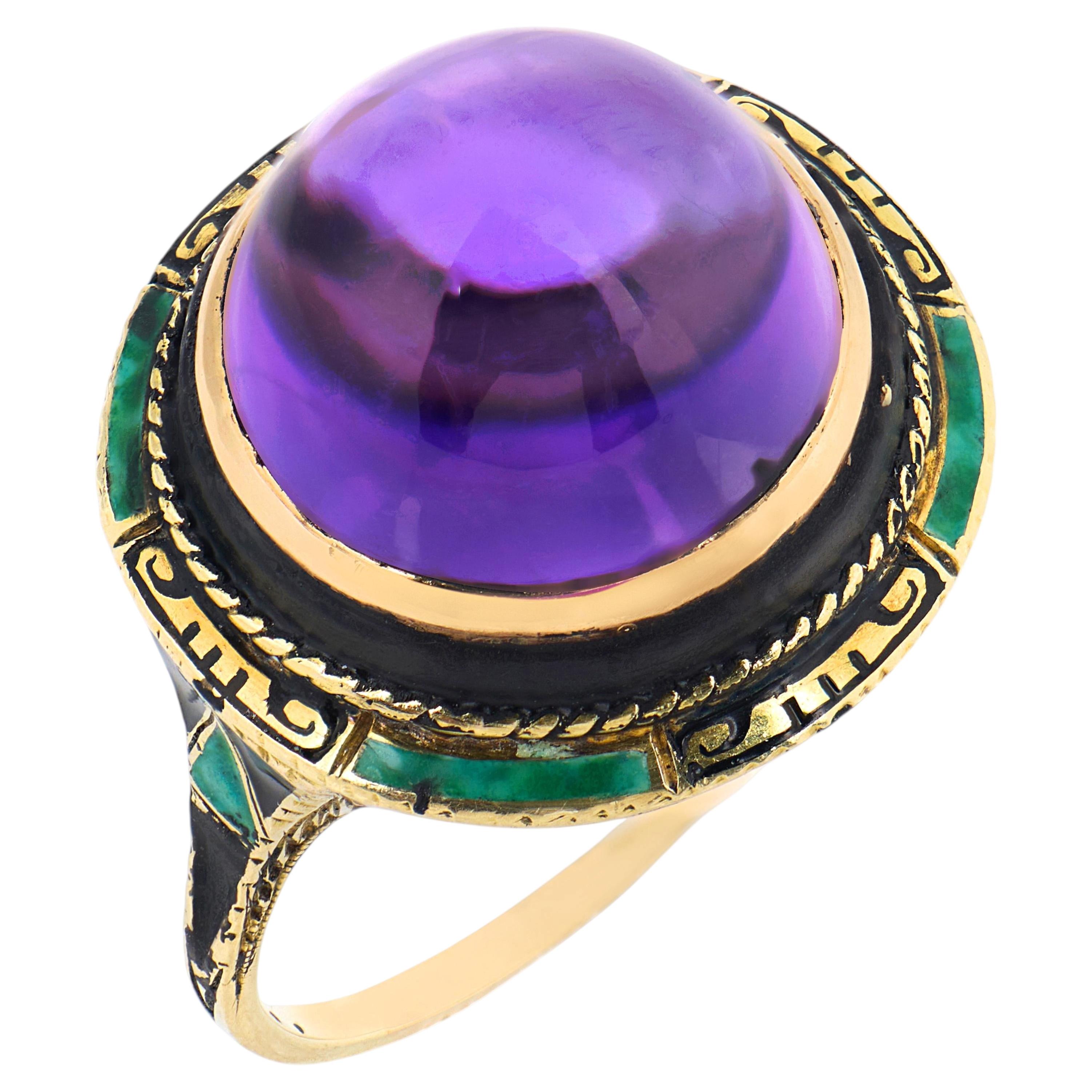 Art Nouveau 7.25 carat amethyst 14k yellow gold enamel cocktail ring