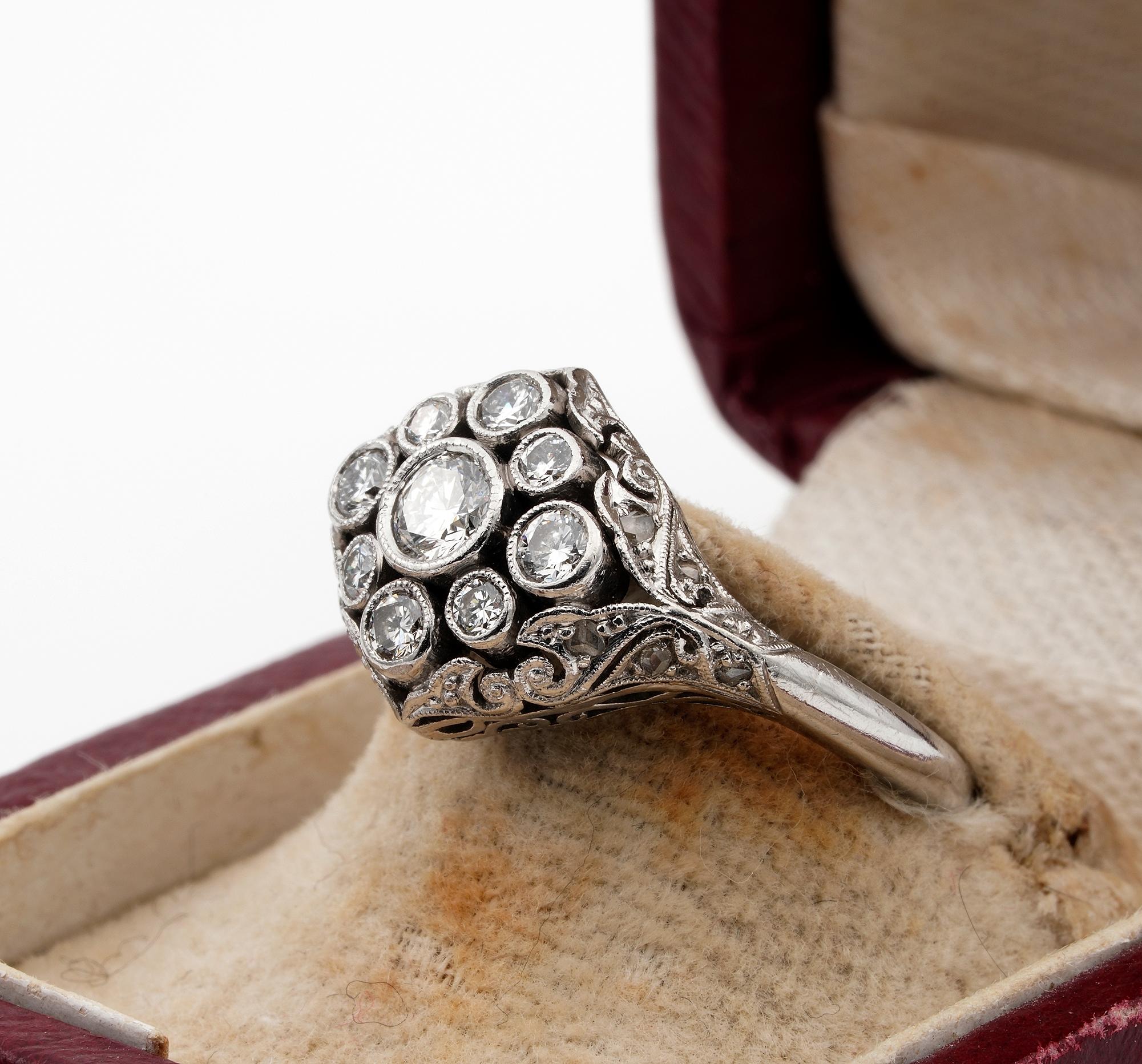 Women's or Men's Art Nouveau .75 Ct Diamond F VVS/VS Platinum Rare Engagement ring For Sale