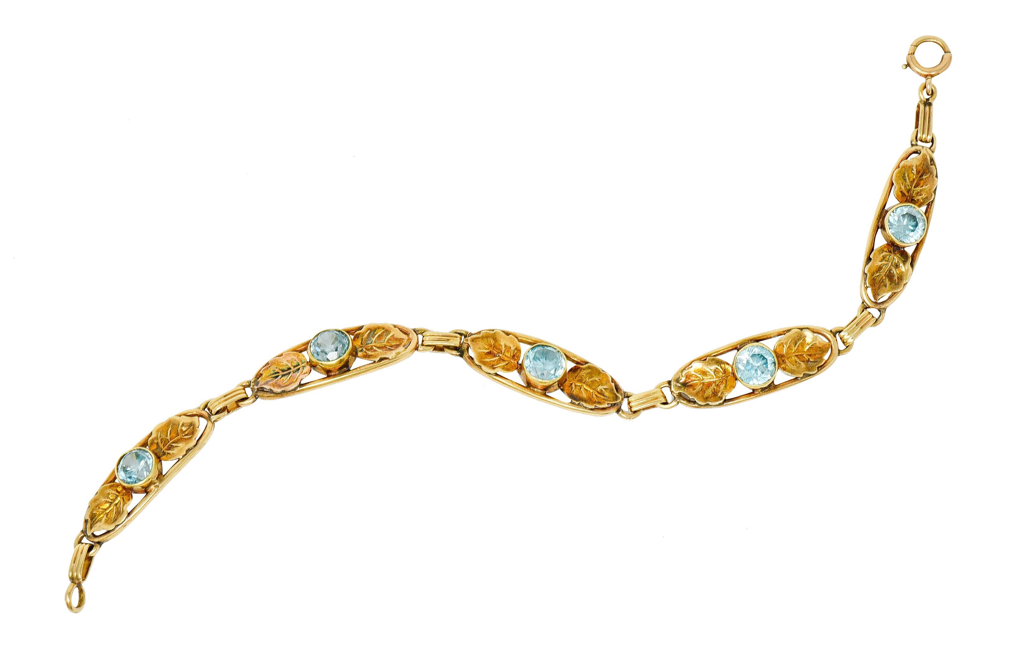 Round Cut Art Nouveau 7.50 Carat Blue Zircon 14 Karat Gold Leaf Bracelet
