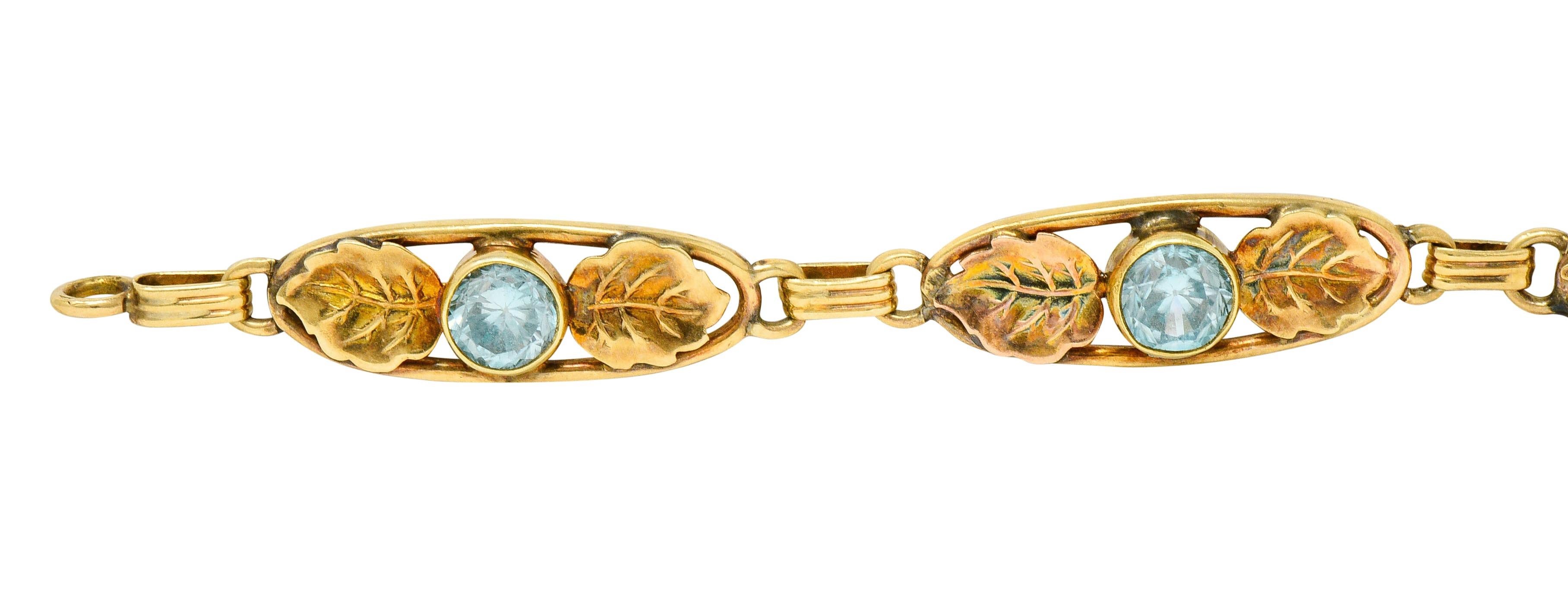 Art Nouveau 7.50 Carat Blue Zircon 14 Karat Gold Leaf Bracelet In Excellent Condition In Philadelphia, PA