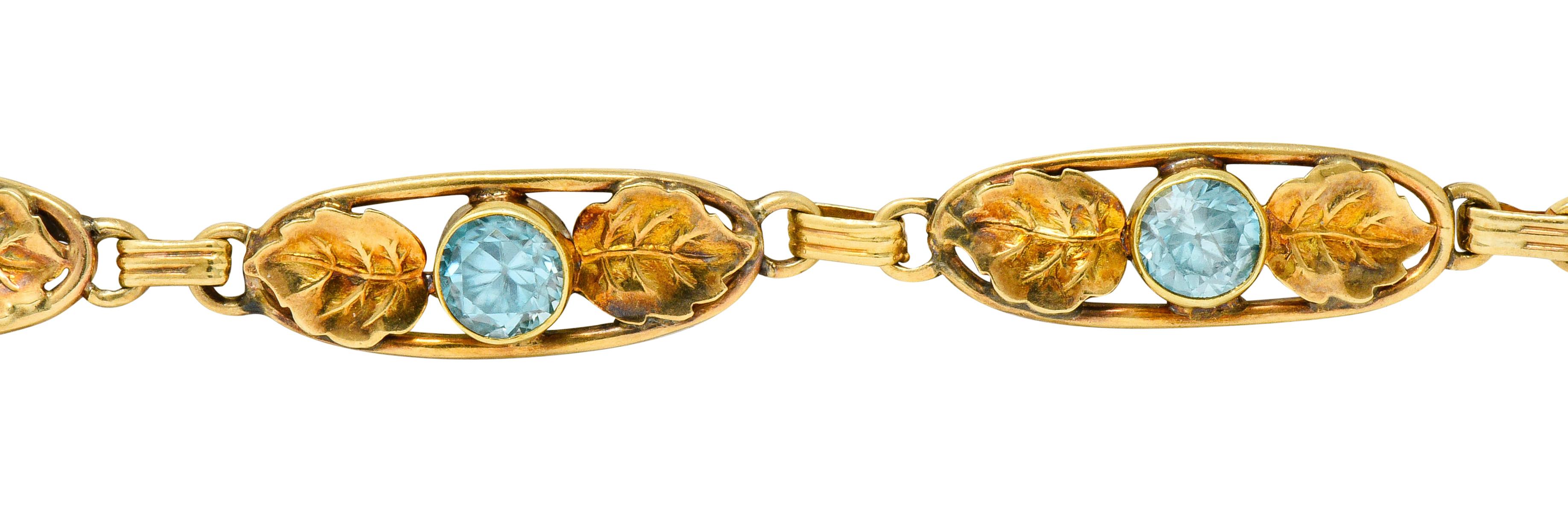 Women's or Men's Art Nouveau 7.50 Carat Blue Zircon 14 Karat Gold Leaf Bracelet