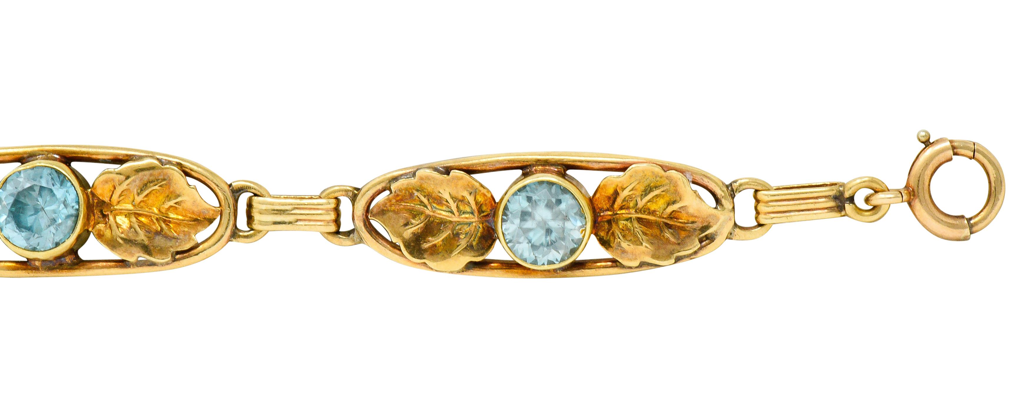 Art Nouveau 7.50 Carat Blue Zircon 14 Karat Gold Leaf Bracelet 1