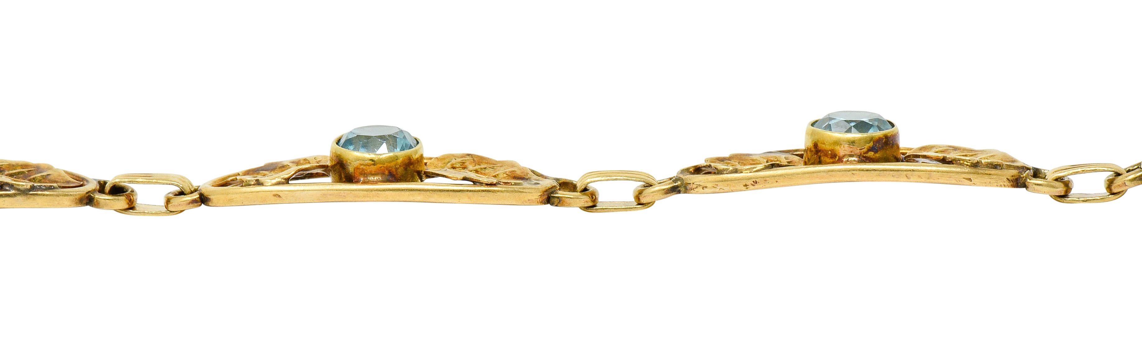 Art Nouveau 7.50 Carat Blue Zircon 14 Karat Gold Leaf Bracelet 3