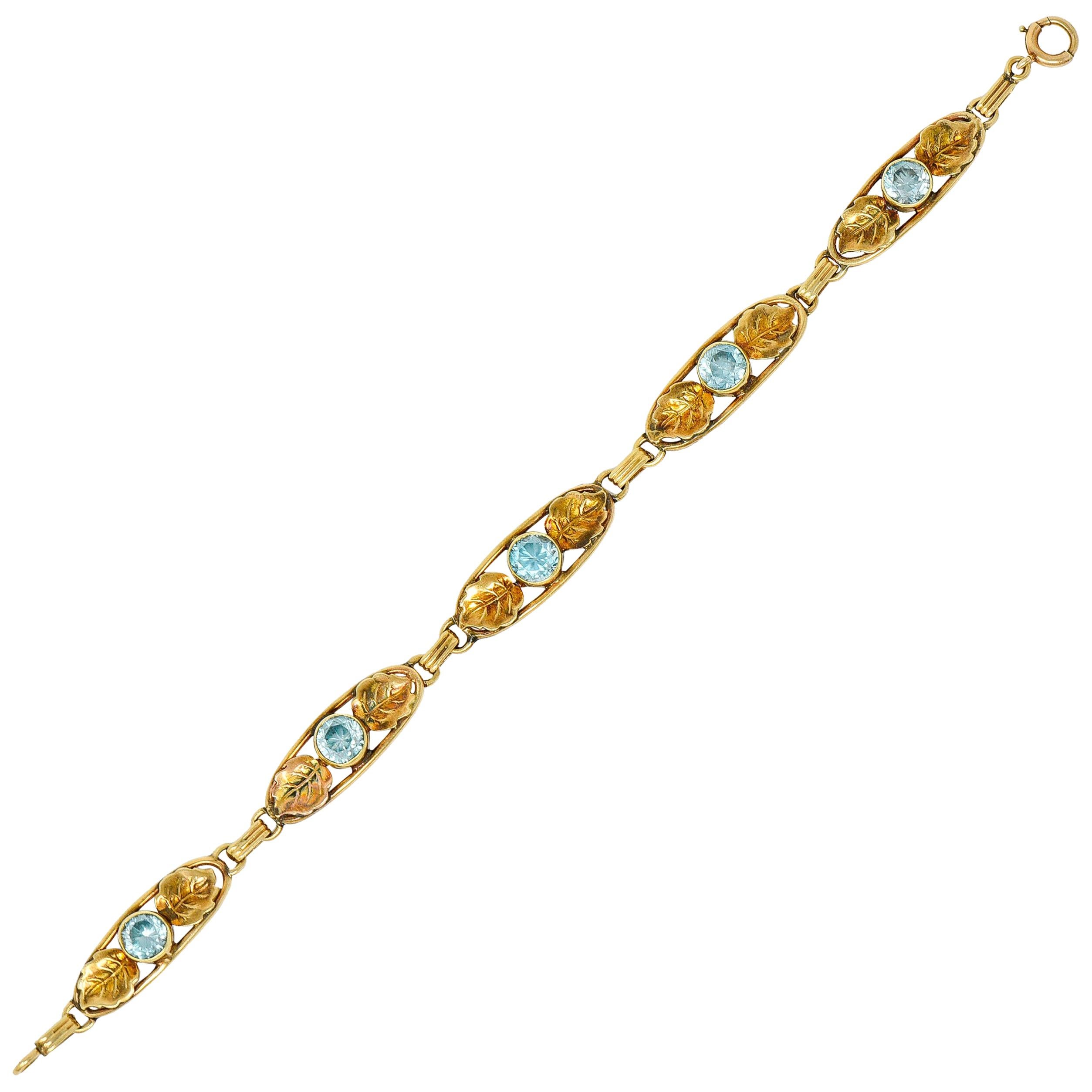 Art Nouveau 7.50 Carat Blue Zircon 14 Karat Gold Leaf Bracelet