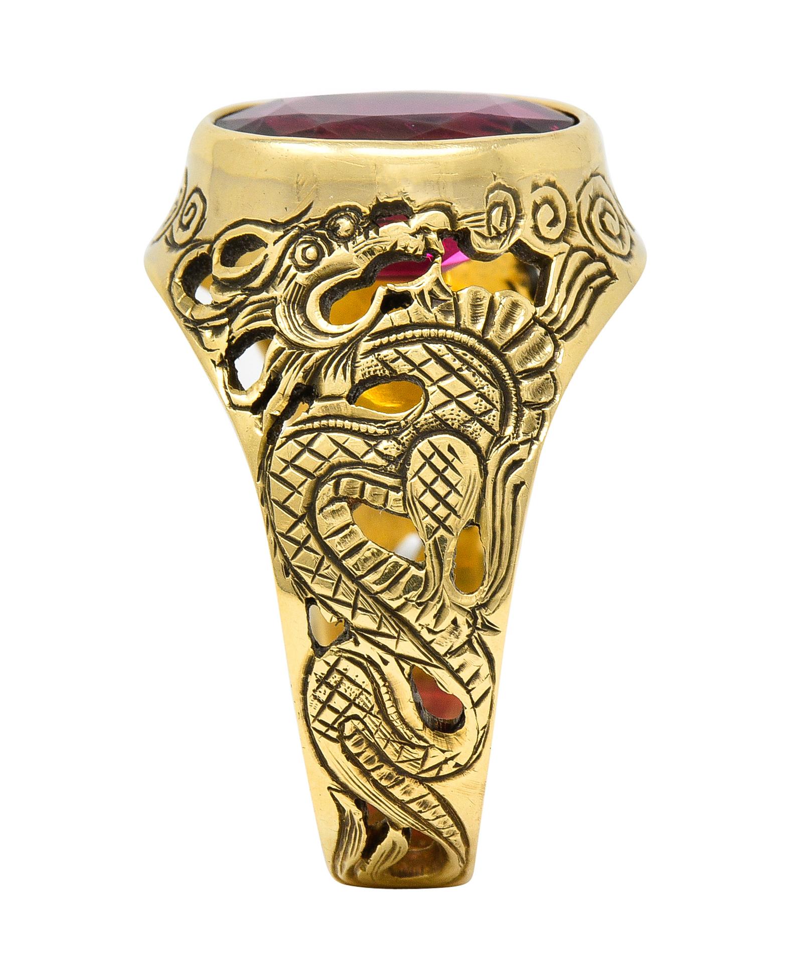 Art Nouveau 7.85 Carats Rubellite 18 Karat Yellow Gold Unisex Men's Dragon Ring For Sale 3