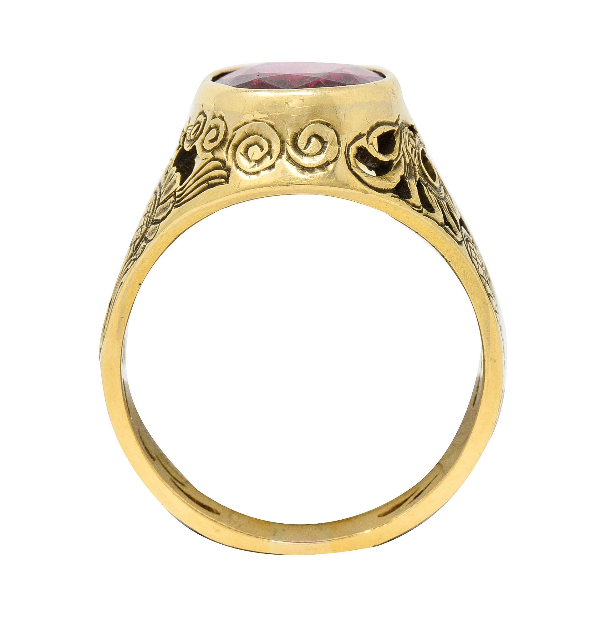 Art Nouveau 7.85 Carats Rubellite 18 Karat Yellow Gold Unisex Men's Dragon Ring For Sale 4