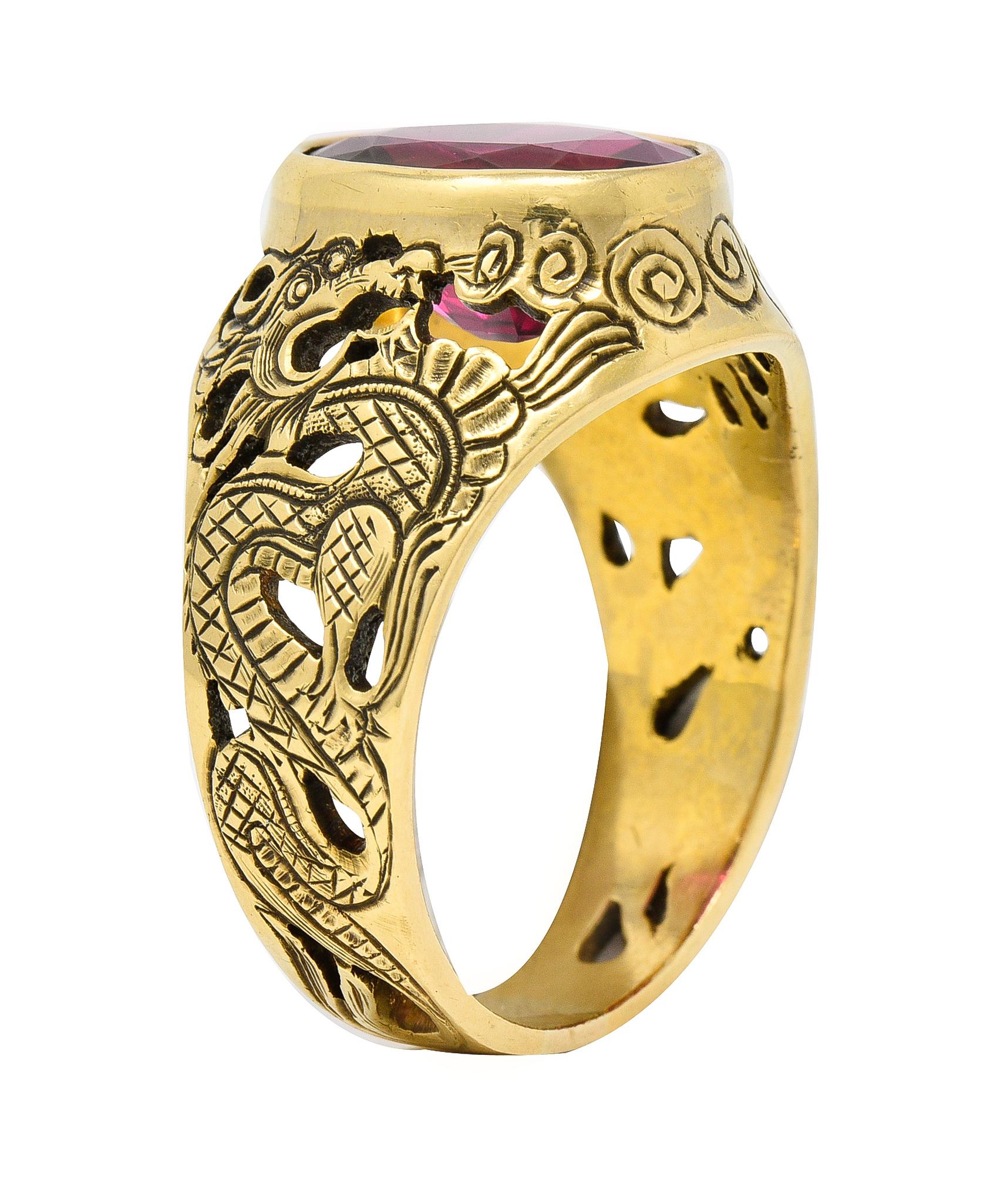 Art Nouveau 7.85 Carats Rubellite 18 Karat Yellow Gold Unisex Men's Dragon Ring For Sale 5