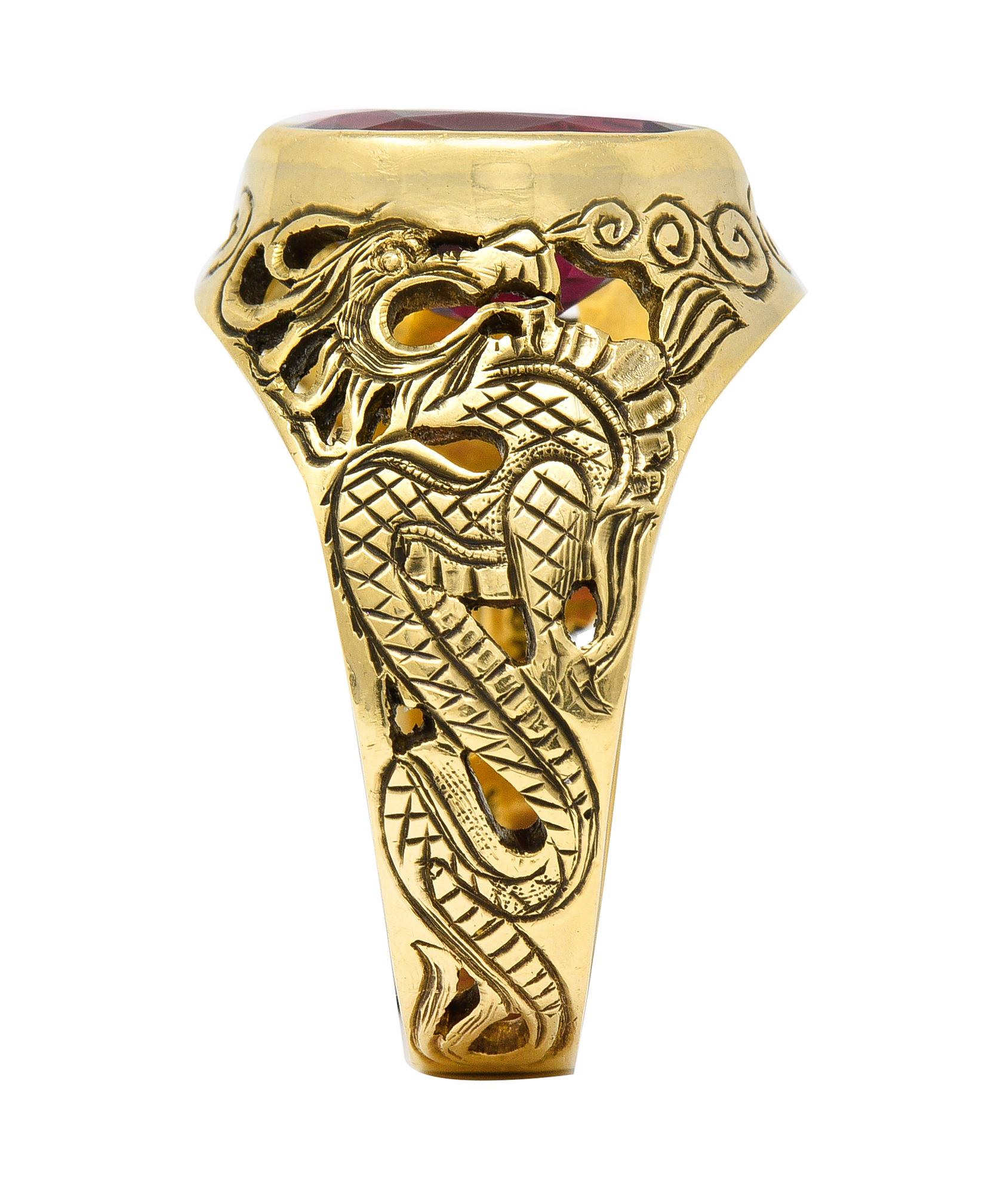 Art Nouveau 7.85 Carats Rubellite 18 Karat Yellow Gold Unisex Men's Dragon Ring For Sale 6