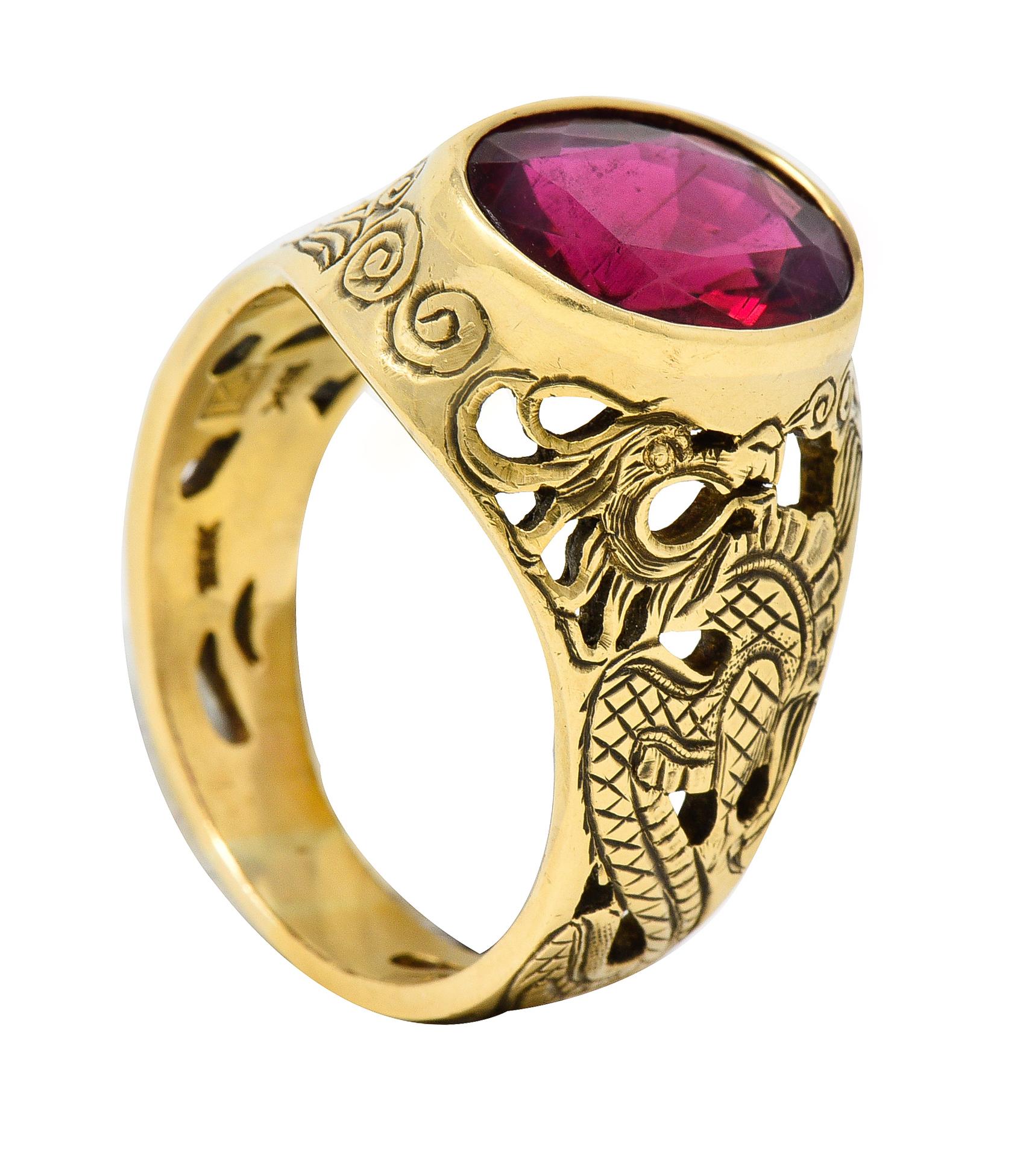 Art Nouveau 7.85 Carats Rubellite 18 Karat Yellow Gold Unisex Men's Dragon Ring For Sale 7