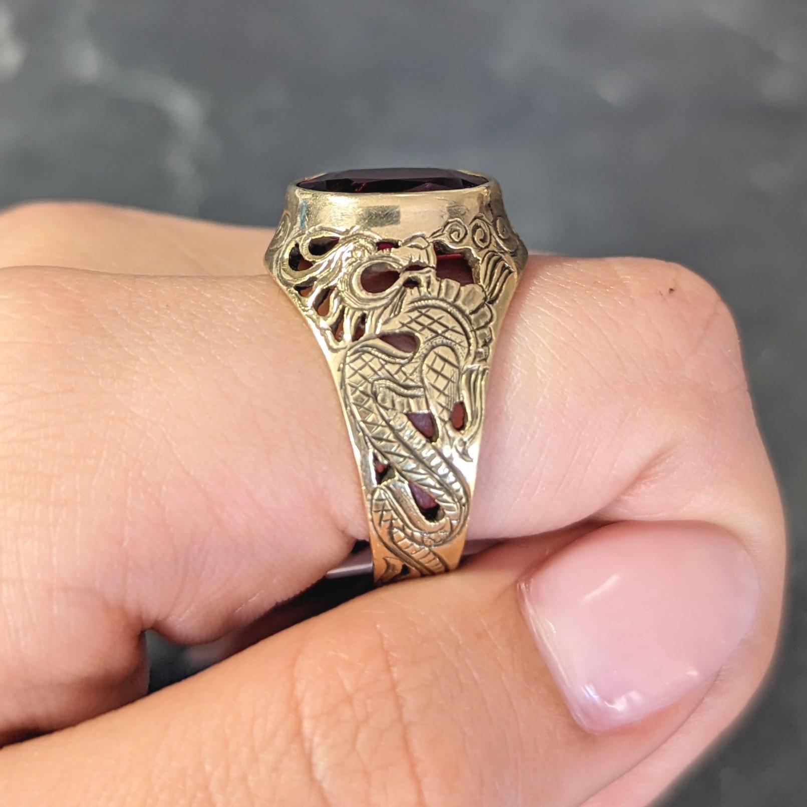 Art Nouveau 7.85 Carats Rubellite 18 Karat Yellow Gold Unisex Men's Dragon Ring For Sale 9