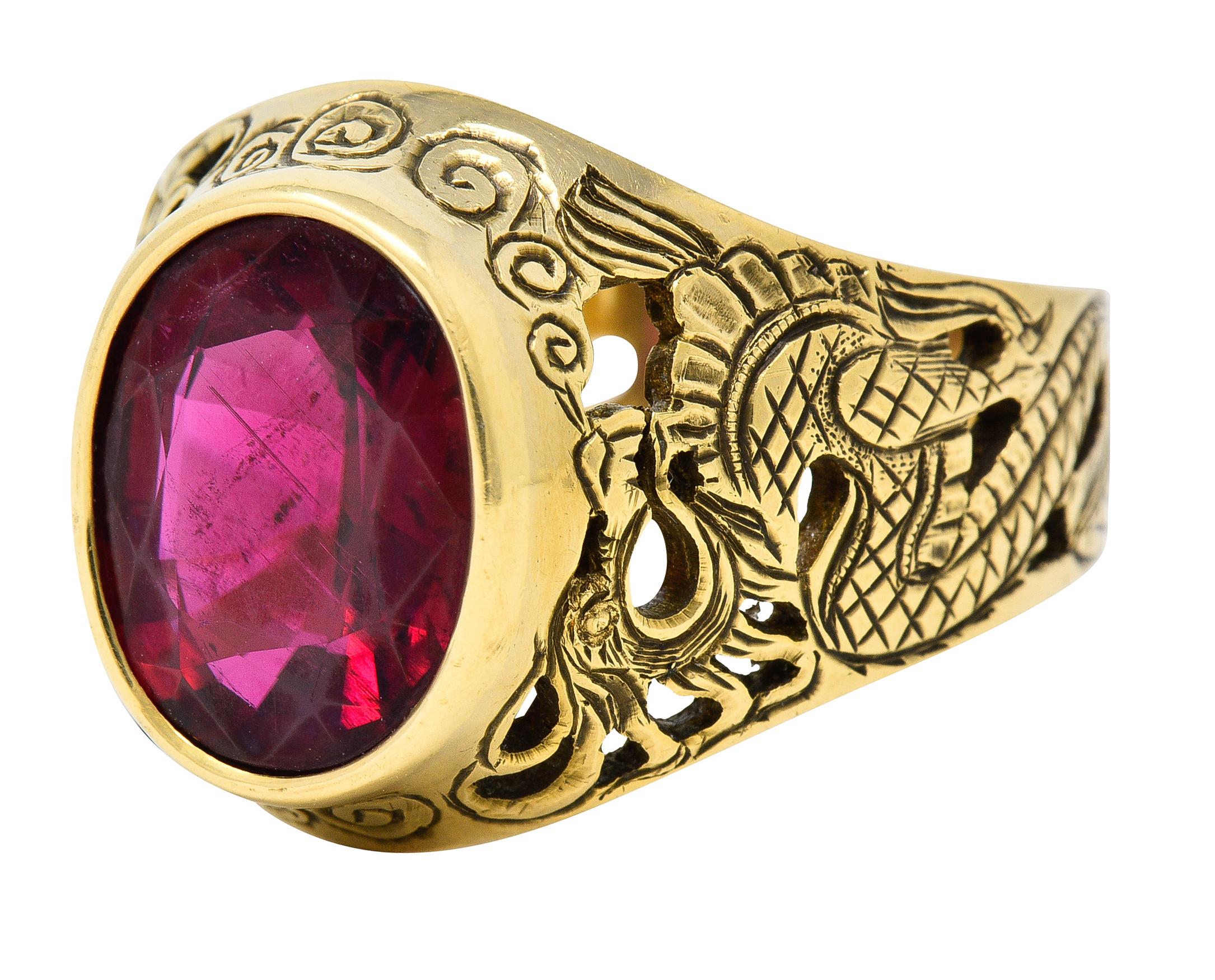 Oval Cut Art Nouveau 7.85 Carats Rubellite 18 Karat Yellow Gold Unisex Men's Dragon Ring For Sale