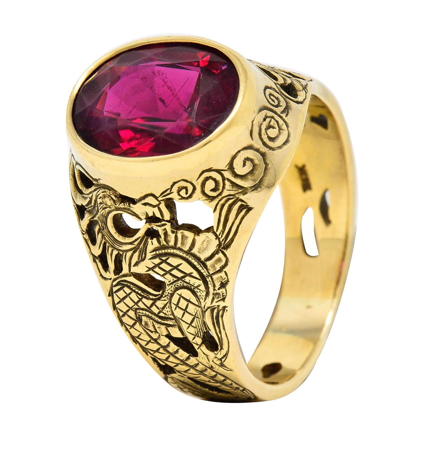 Art Nouveau 7.85 Carats Rubellite 18 Karat Yellow Gold Unisex Men's Dragon Ring For Sale 1