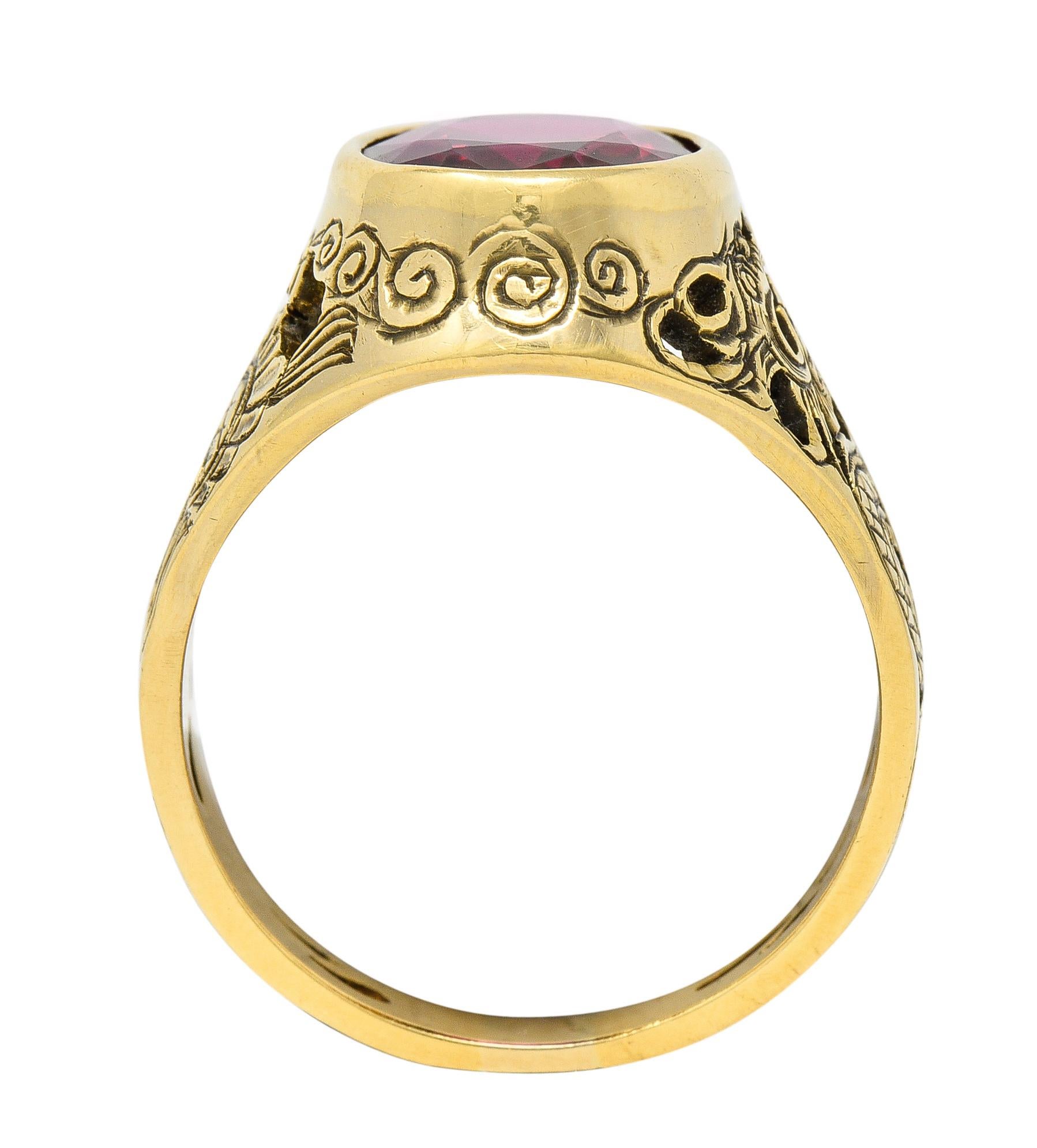 Art Nouveau 7.85 Carats Rubellite 18 Karat Yellow Gold Unisex Men's Dragon Ring For Sale 2