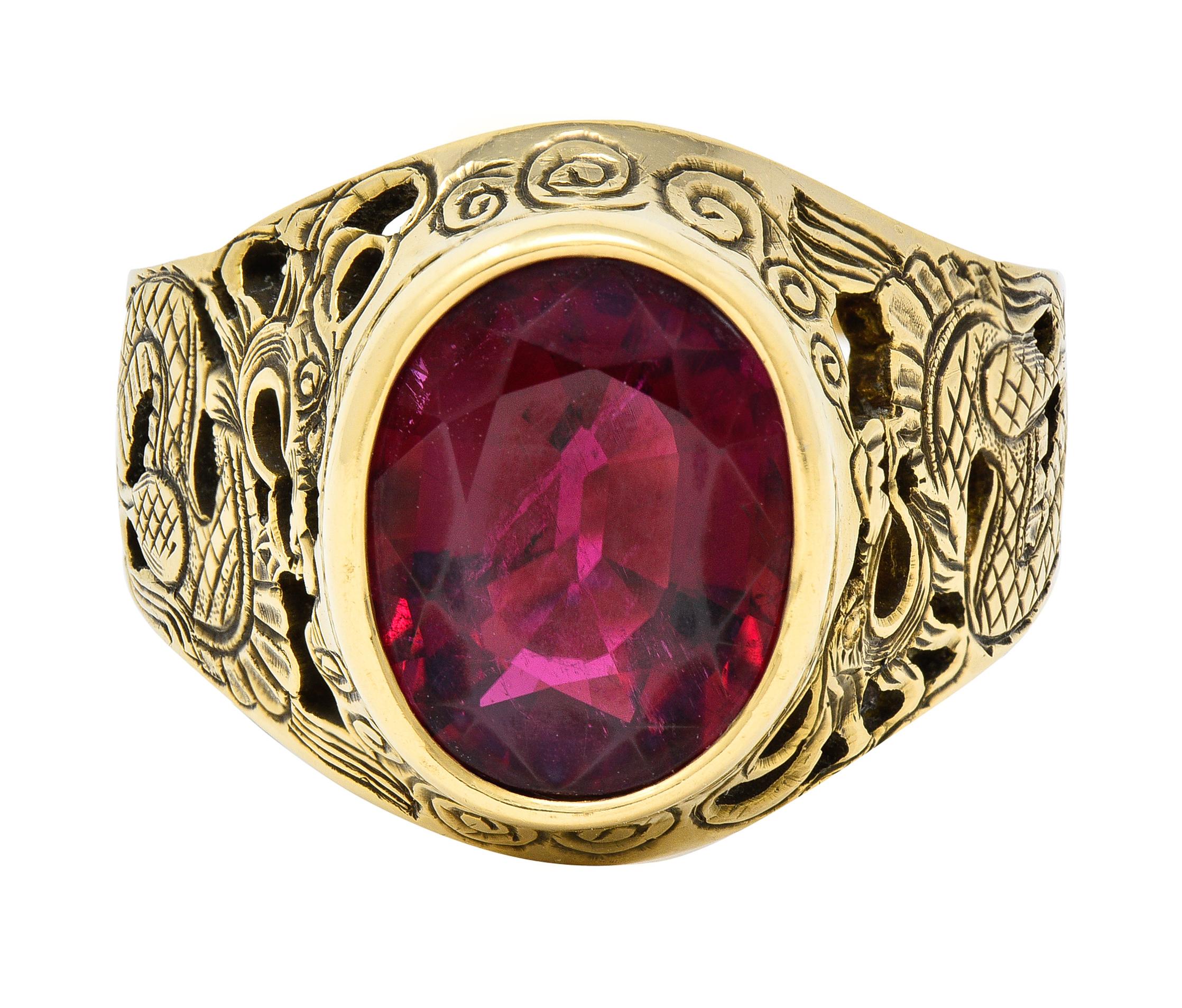 Jugendstil 7,85 Karat Rubellit 18 Karat Gelbgold Unisex Herren Drachenring