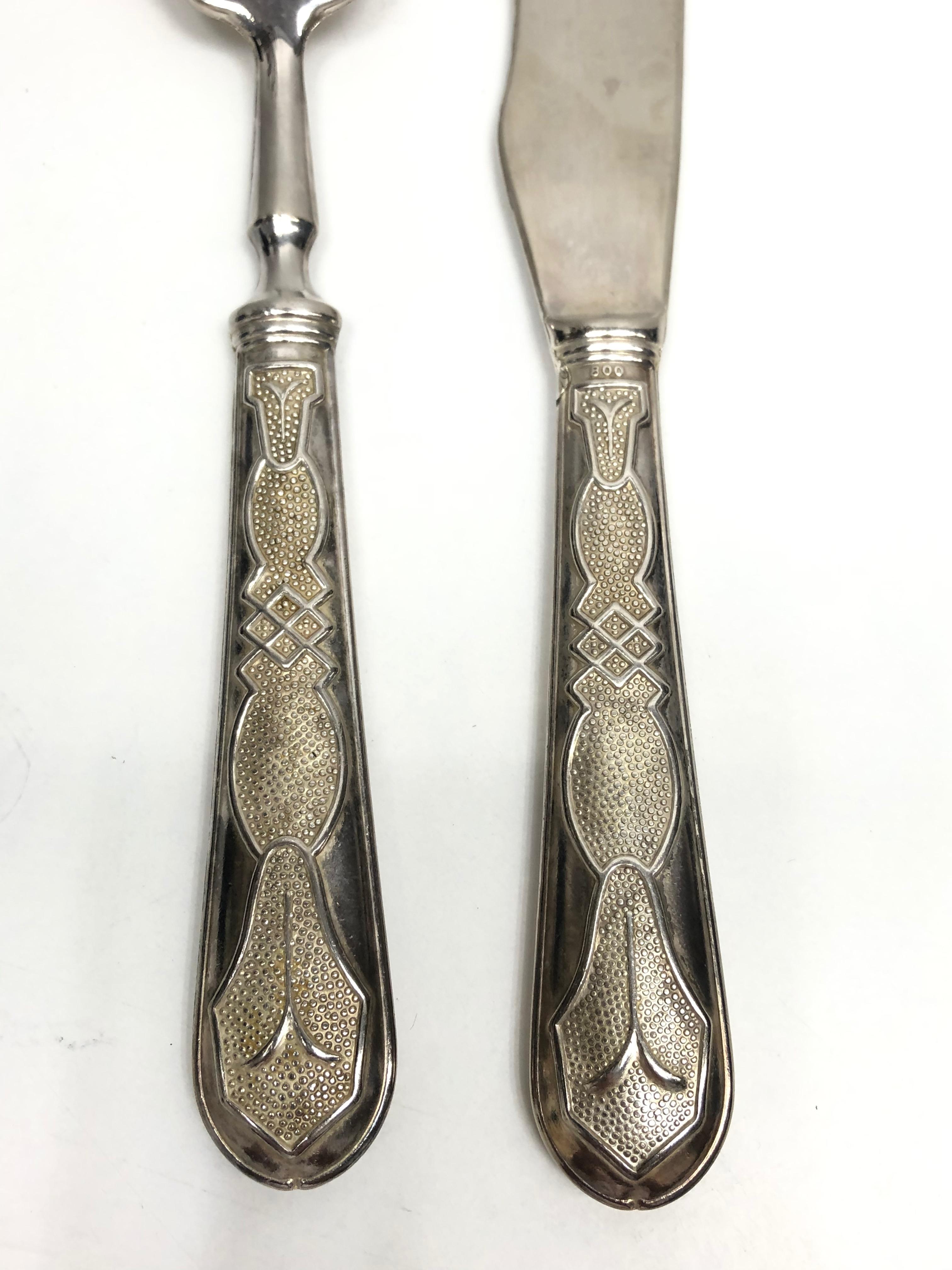 Jugendstil-Fischservierbesteck aus 800er Silber mit Gabel und Messer, Schweden (Versilberung) im Angebot