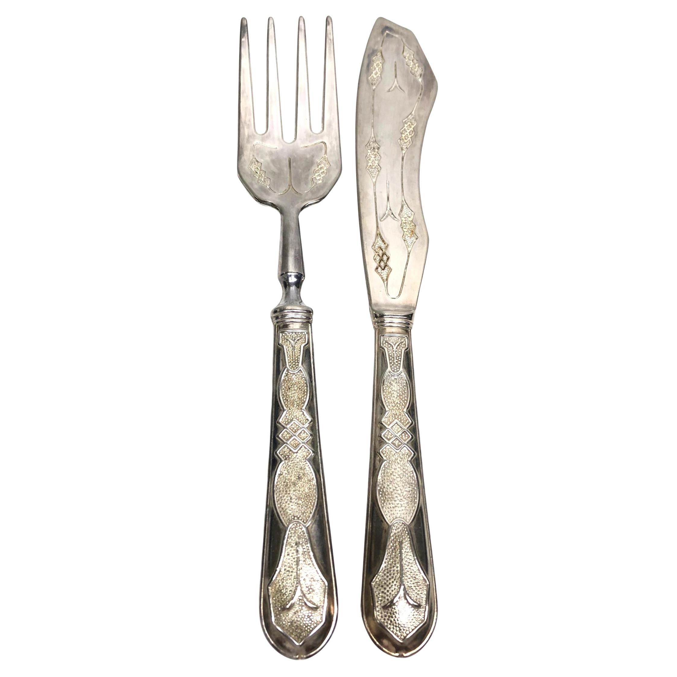 Set di piatti da portata in argento Art Nouveau 800 con forchetta e coltello Vintage, Svezia