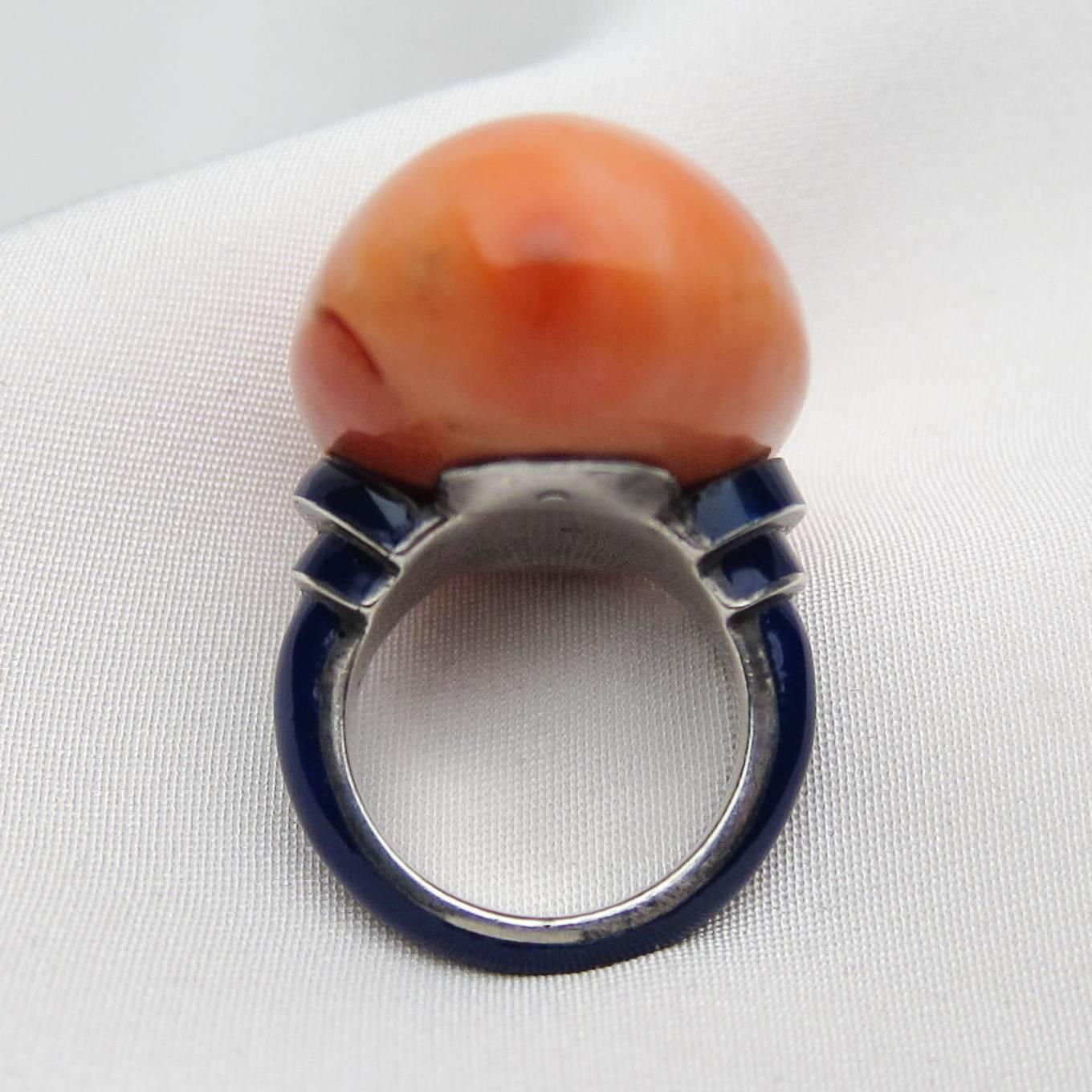Art Nouveau 85 Carat Orange Coral Cabochon and Blue Enamel Cocktail Ring In Excellent Condition For Sale In Seattle, WA