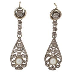 Antique Art Nouveau 9 Karat White Gold, Silver, Diamond and Pearl Earrings