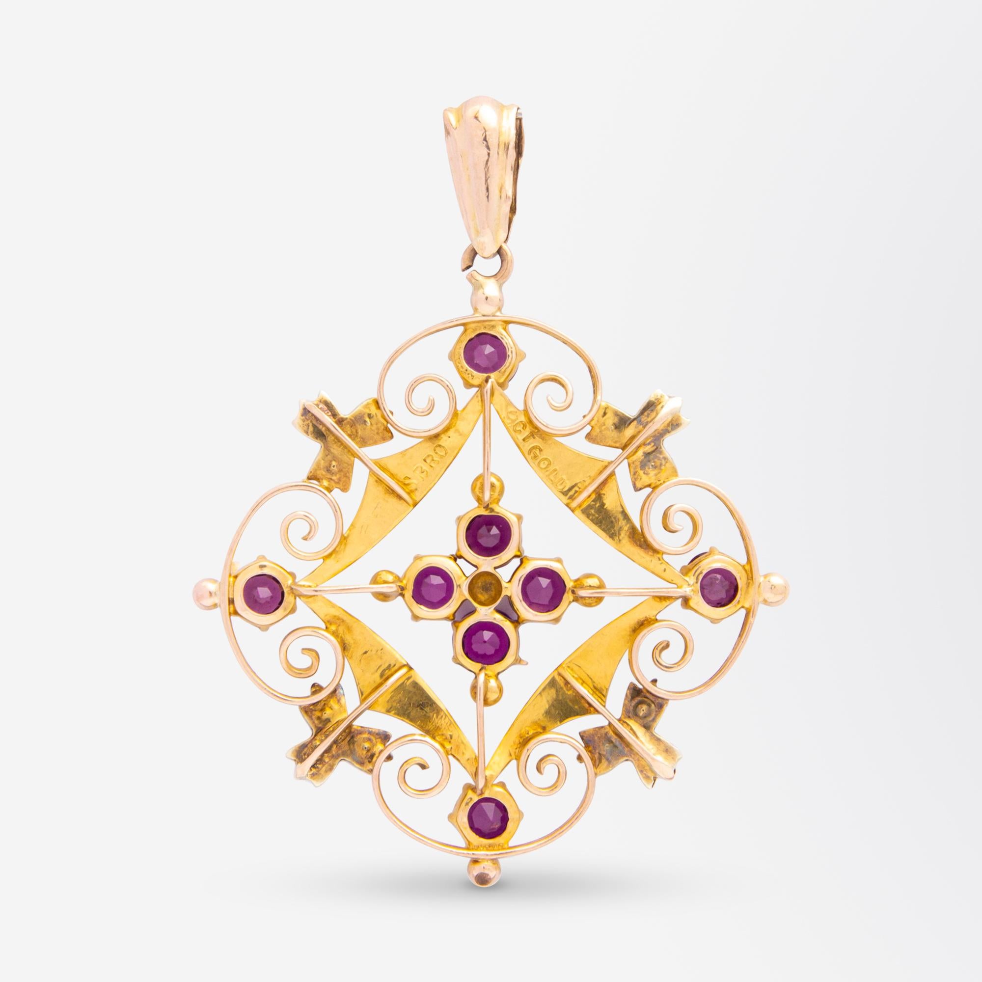 Brilliant Cut Art Nouveau, 9 Karat Yellow Gold, Pink Tourmaline & Seed Pearl Pendant For Sale