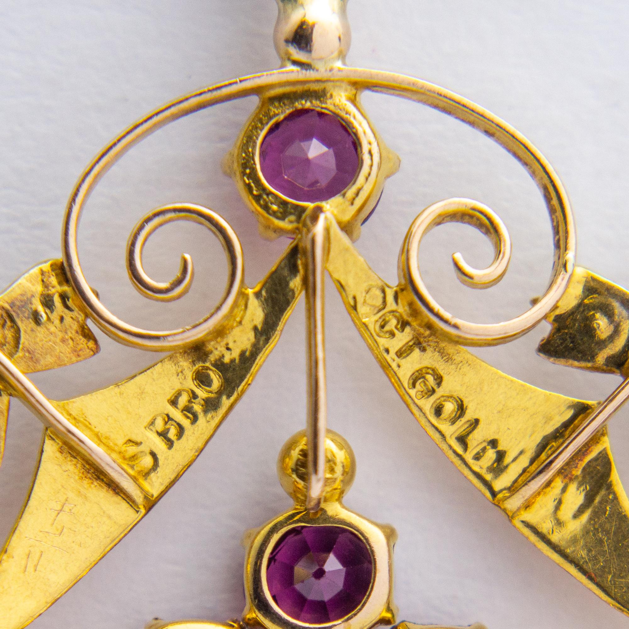 Women's or Men's Art Nouveau, 9 Karat Yellow Gold, Pink Tourmaline & Seed Pearl Pendant For Sale