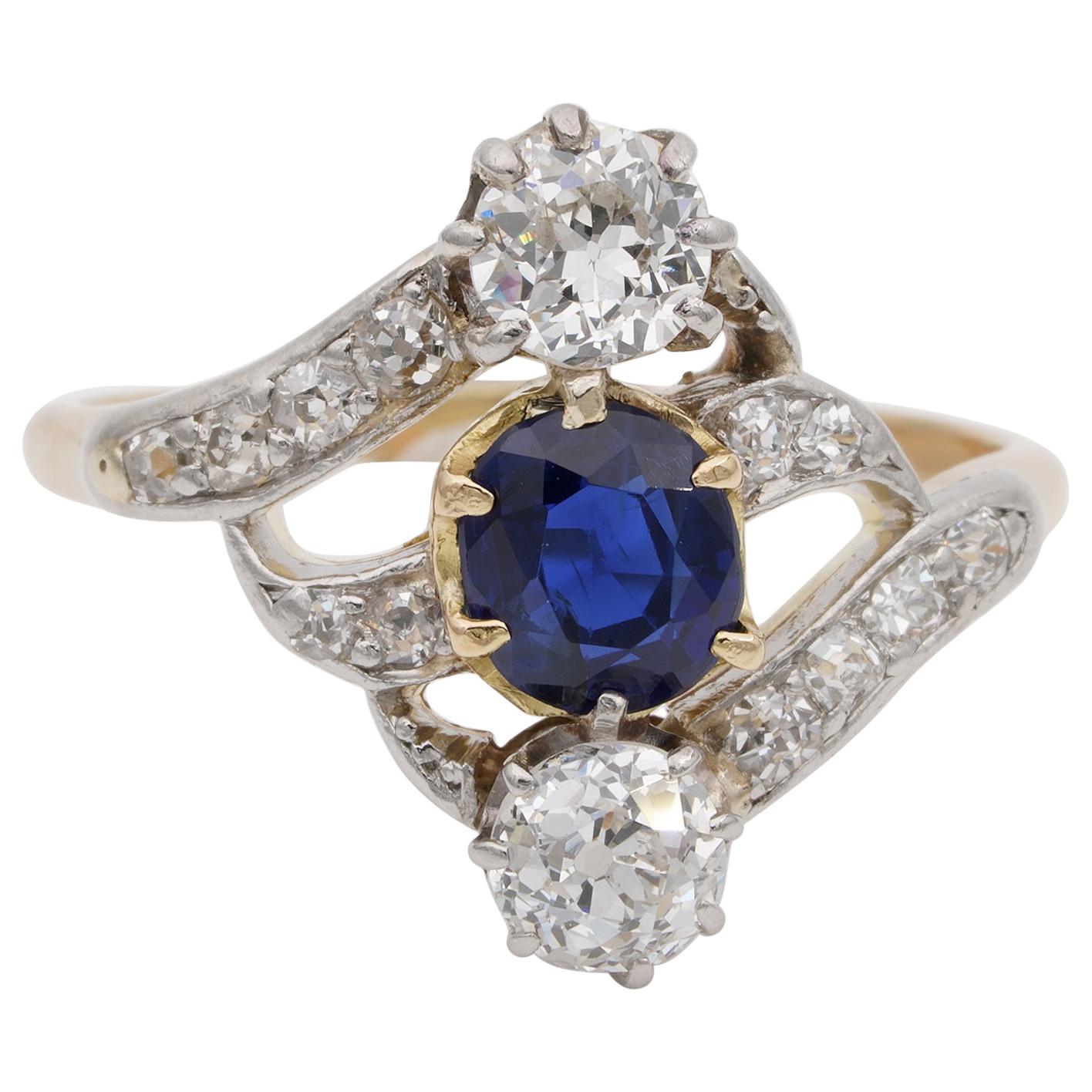 Art Nouveau .90 Carat Natural No Heat Sapphire 1.20 Carat Old Mine Diamond Ring For Sale