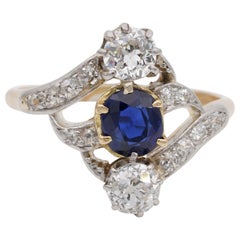 Art Nouveau .90 Carat Natural No Heat Sapphire 1.20 Carat Old Mine Diamond Ring
