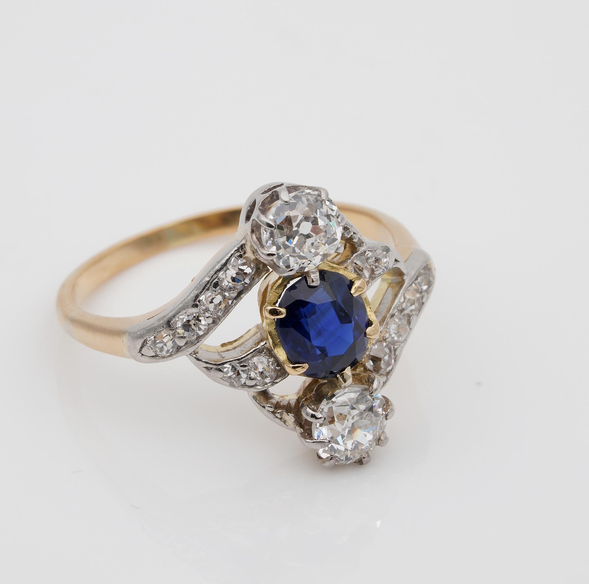 Antique Cushion Cut Art Nouveau .90 Carat Natural No Heat Sapphire 1.20 Carat Old Mine Diamond Ring For Sale