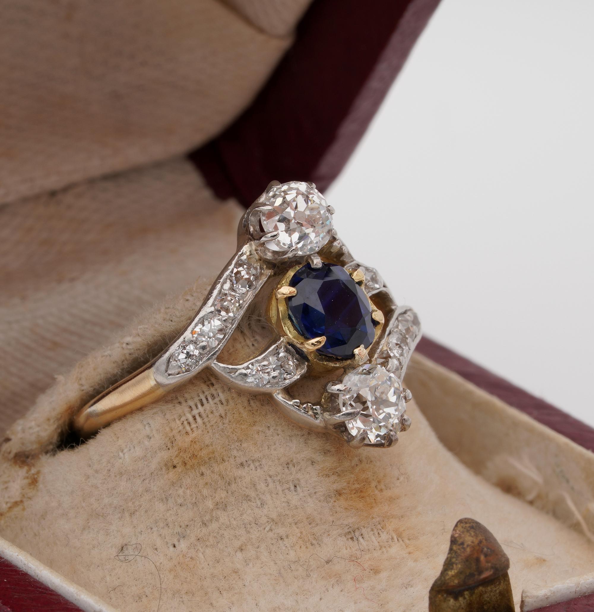 Art Nouveau .90 Carat Natural No Heat Sapphire 1.20 Carat Old Mine Diamond Ring In Fair Condition For Sale In Napoli, IT