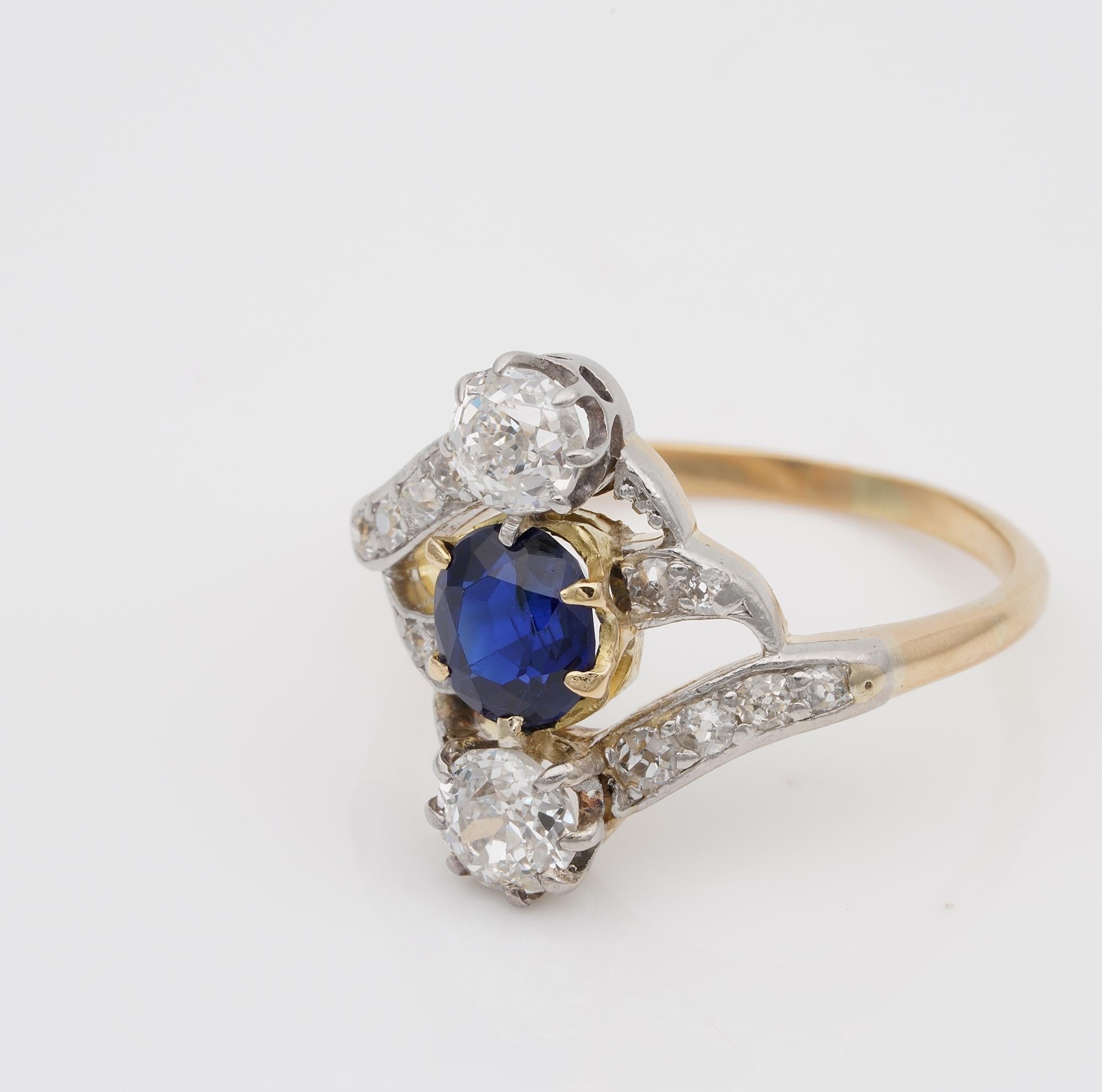 Women's Art Nouveau .90 Carat Natural No Heat Sapphire 1.20 Carat Old Mine Diamond Ring For Sale